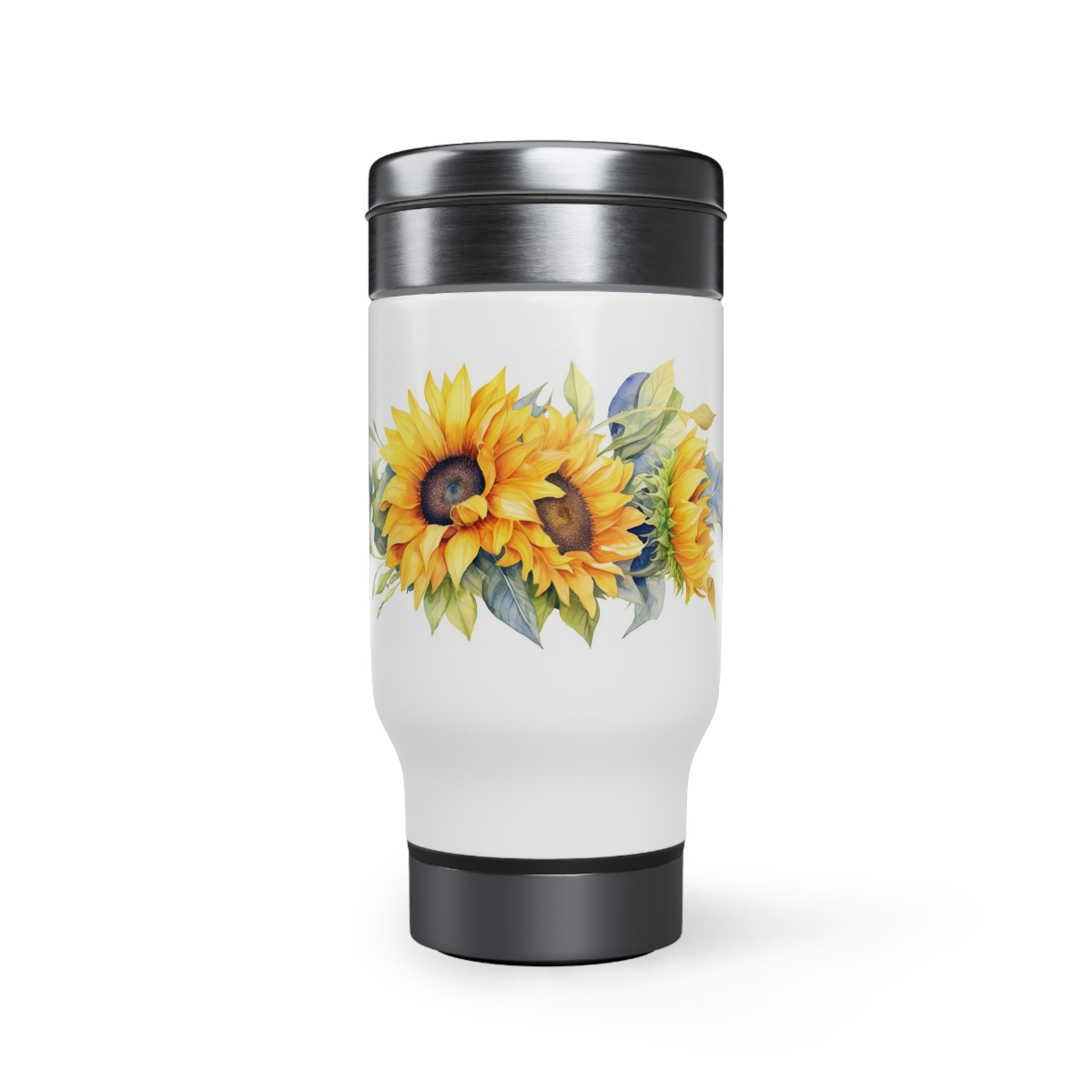 Stainless Steel Travel Mug with Handle, 14oz - Sunflowers, Watercolor