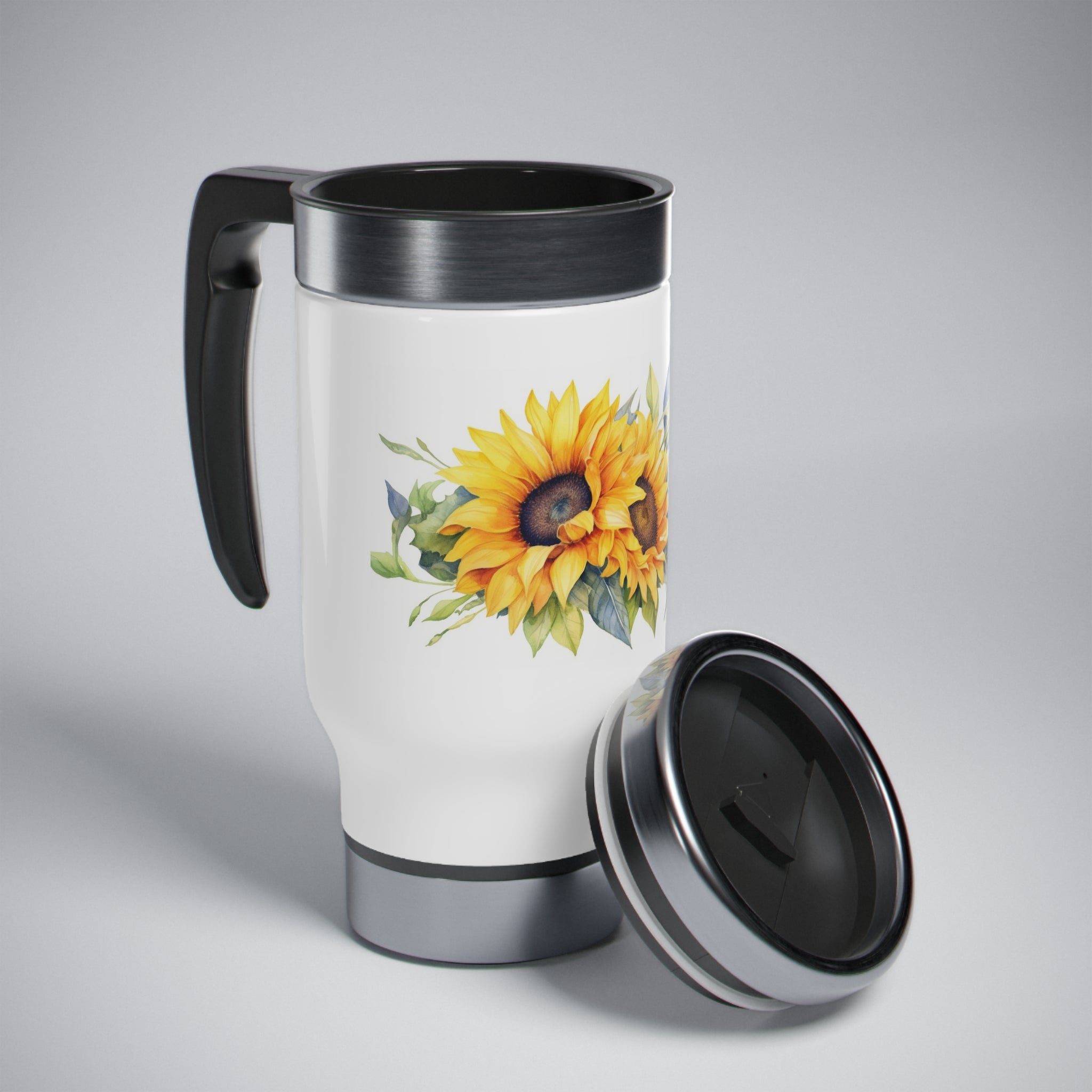 Stainless Steel Travel Mug with Handle, 14oz - Sunflowers, Watercolor
