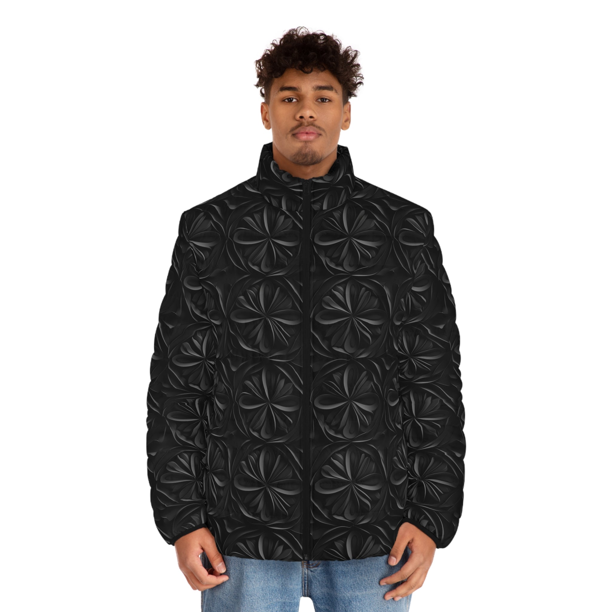 Men's Puffer Jacket (AOP) - Black Noir Designs 02