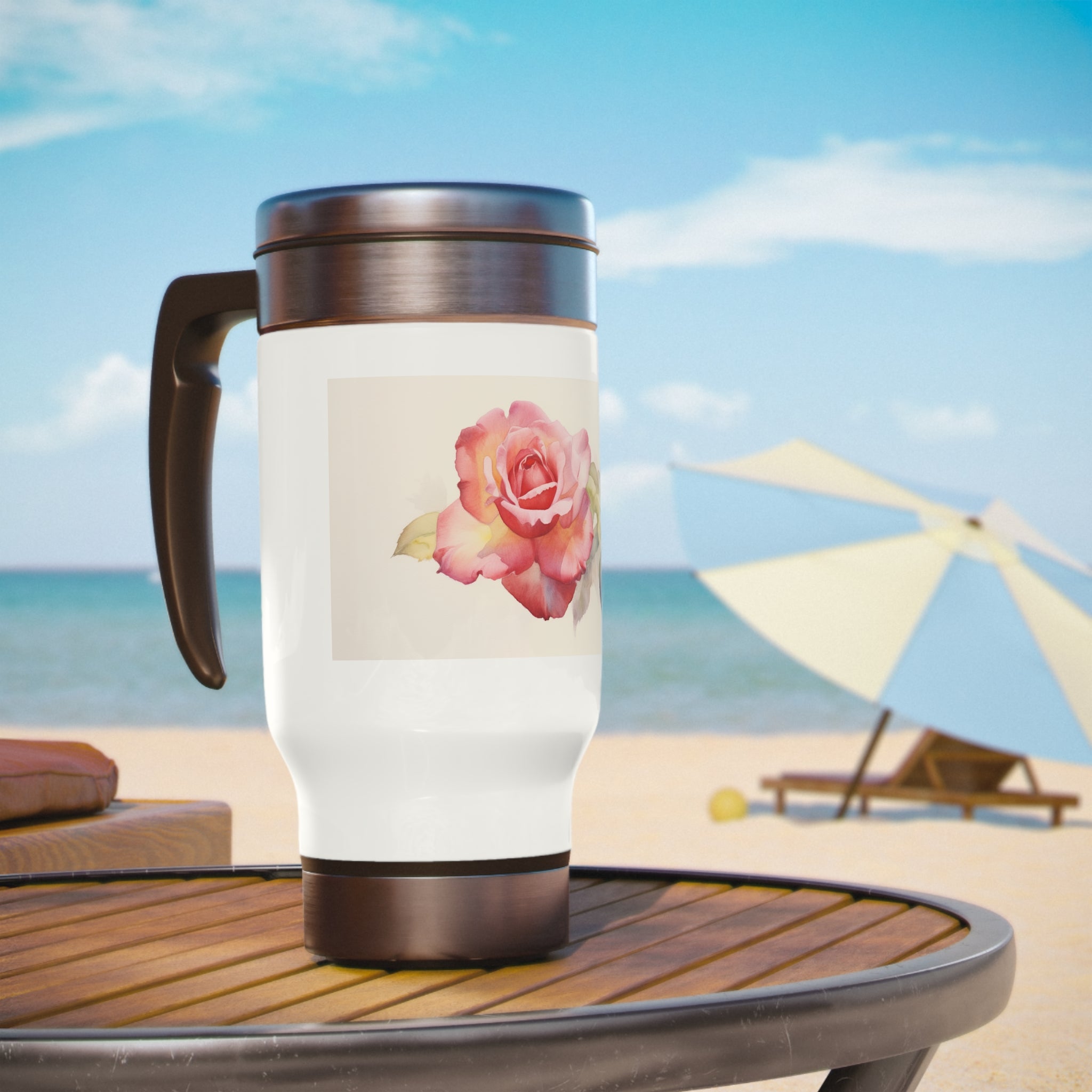 Stainless Steel Travel Mug with Handle, 14oz - Red Rose, Watercolor
