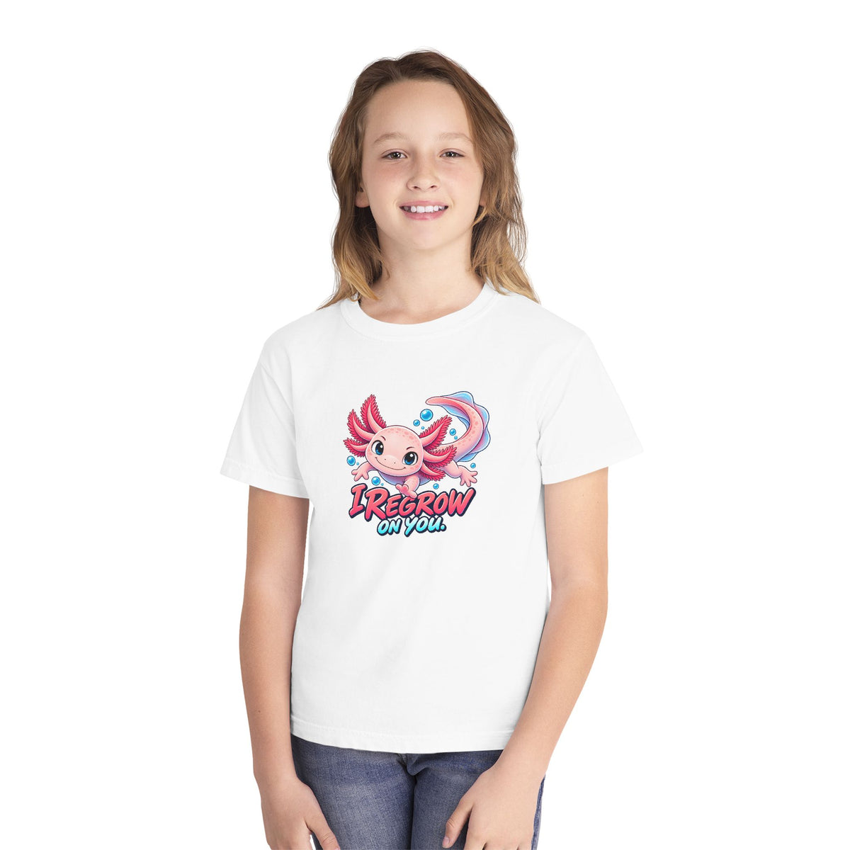 Axolotl, a Science design, on a youth midweight cotton tee