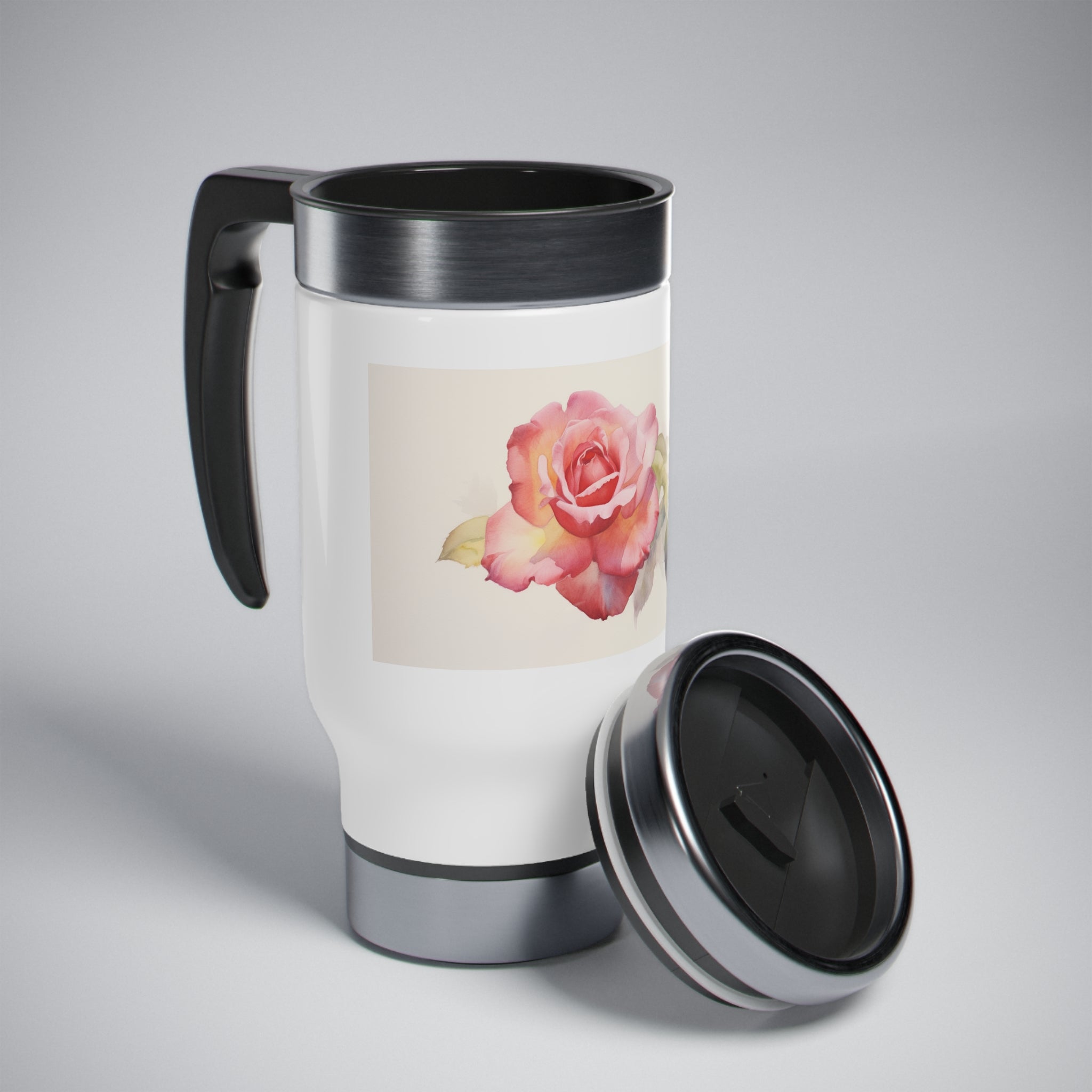 Stainless Steel Travel Mug with Handle, 14oz - Red Rose, Watercolor