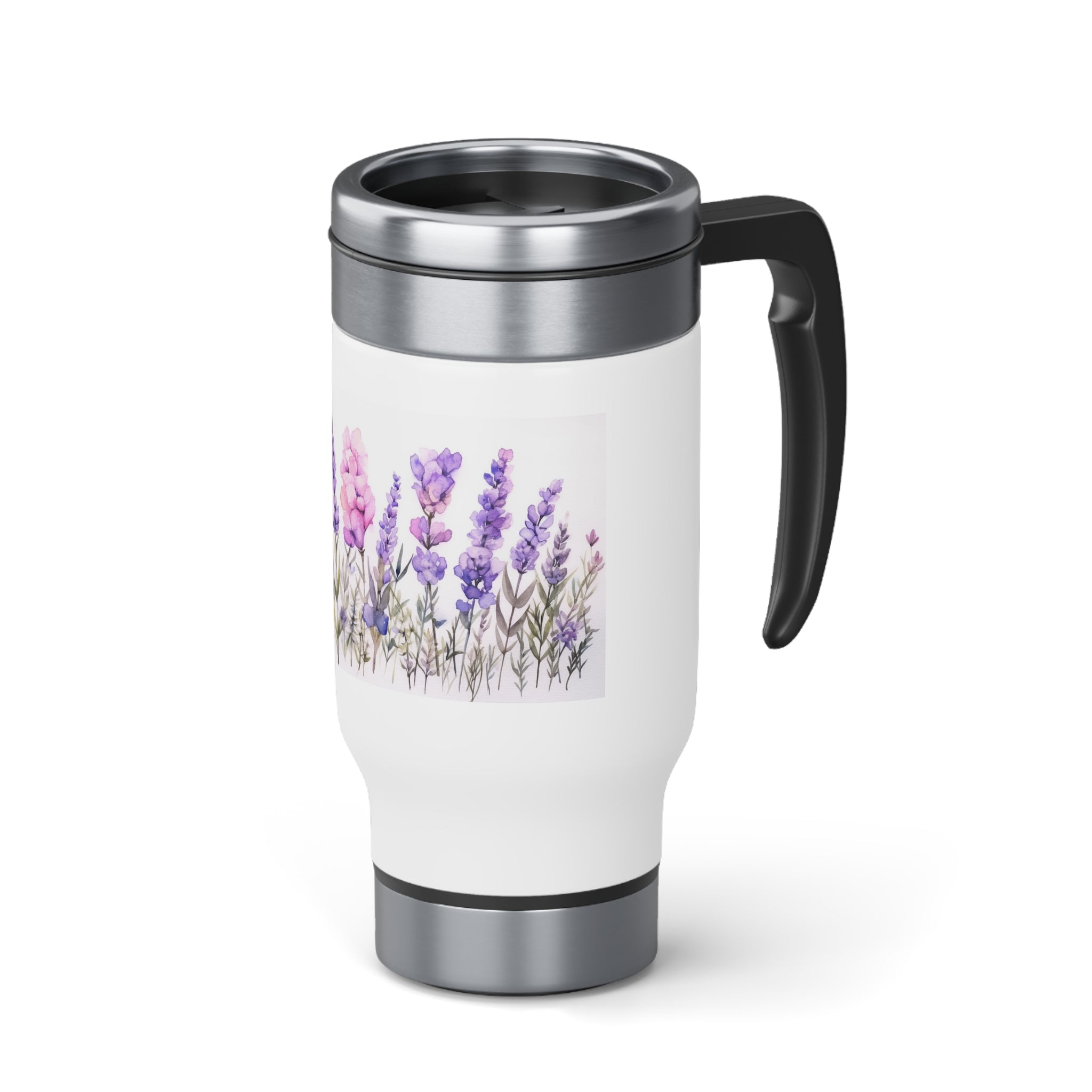 Stainless Steel Travel Mug with Handle, 14oz - Lavender Flowers, Watercolor