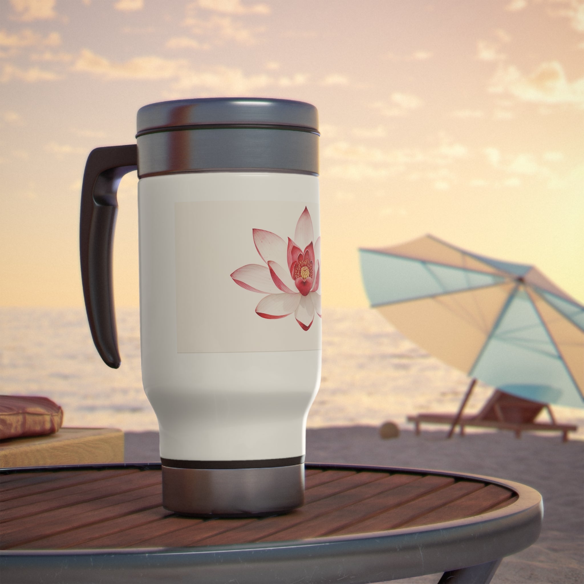 Stainless Steel Travel Mug with Handle, 14oz - Red Lotus, Watercolor