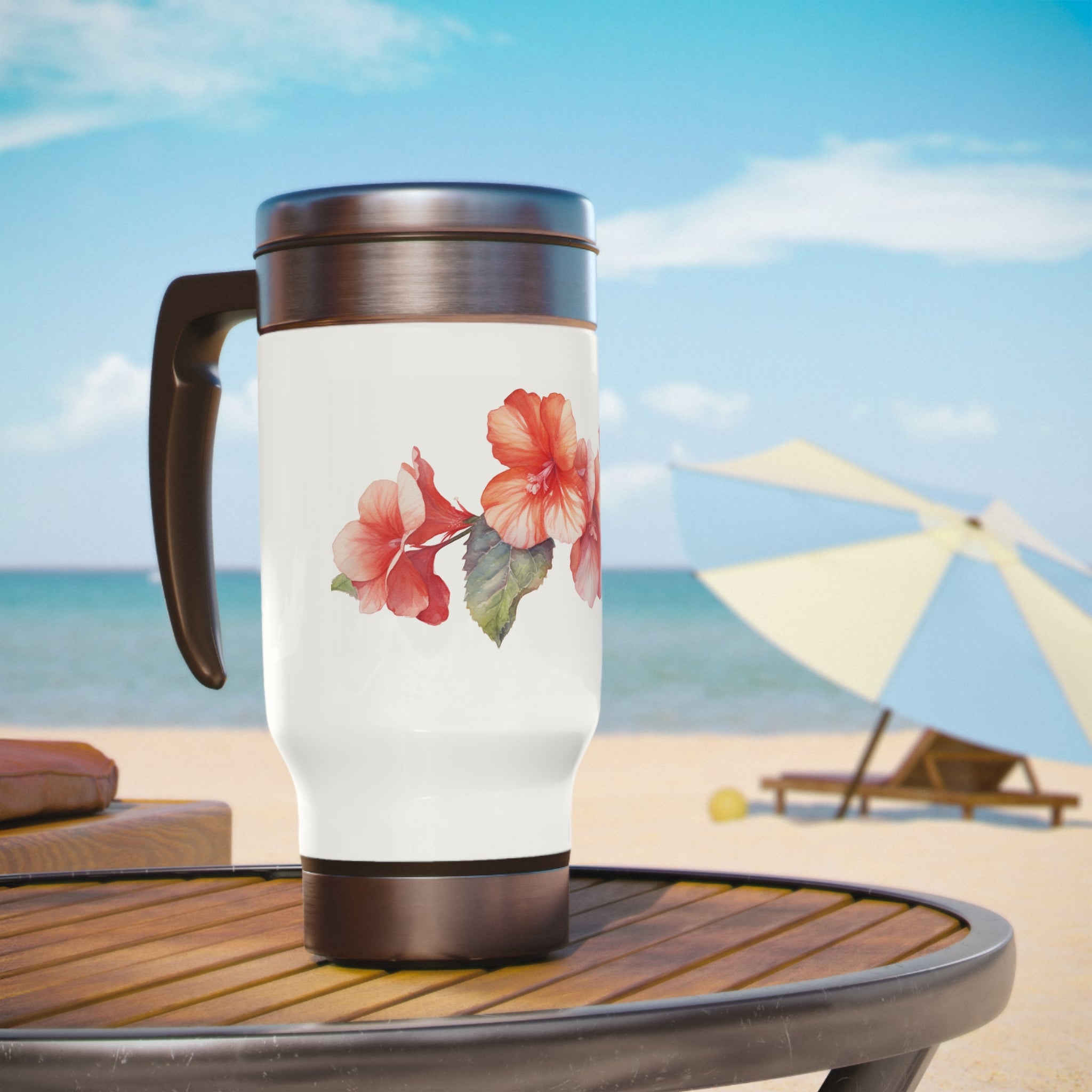 Stainless Steel Travel Mug with Handle, 14oz - Begonia, Watercolor
