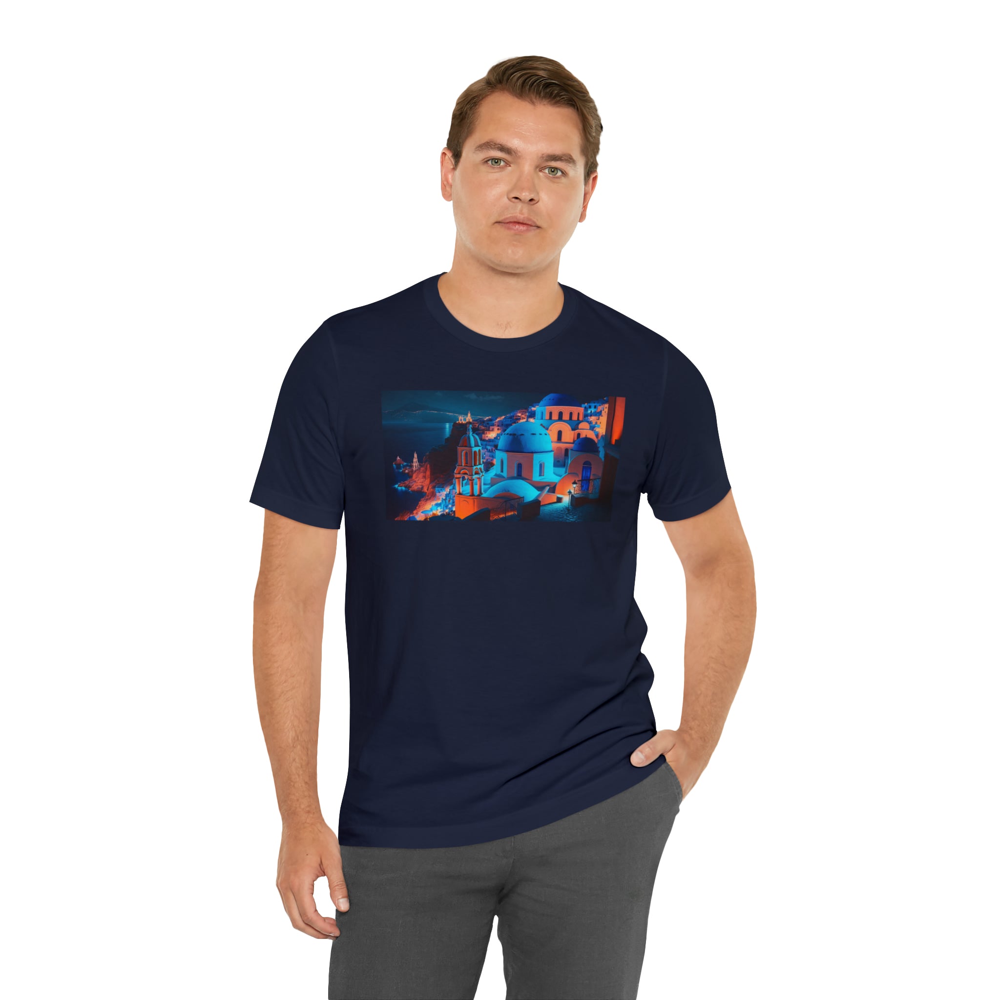 Unisex Jersey Short Sleeve Tee - Oia Blue Domes, Greece