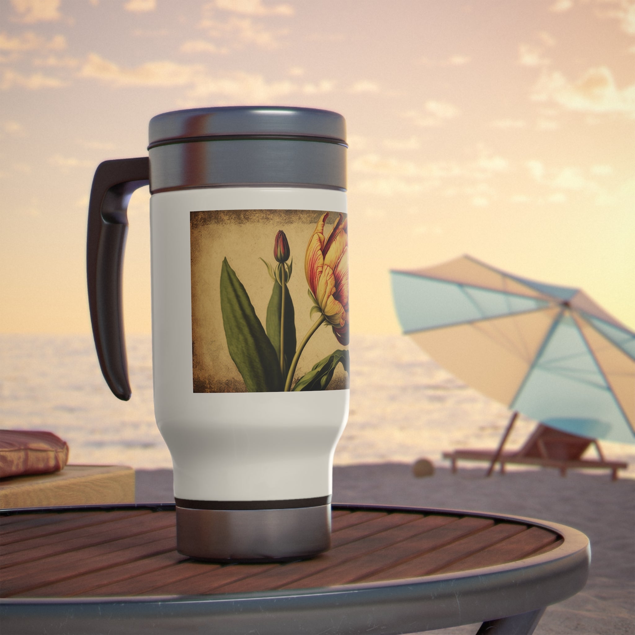Stainless Steel Travel Mug with Handle, 14oz - Vintage, Tulips