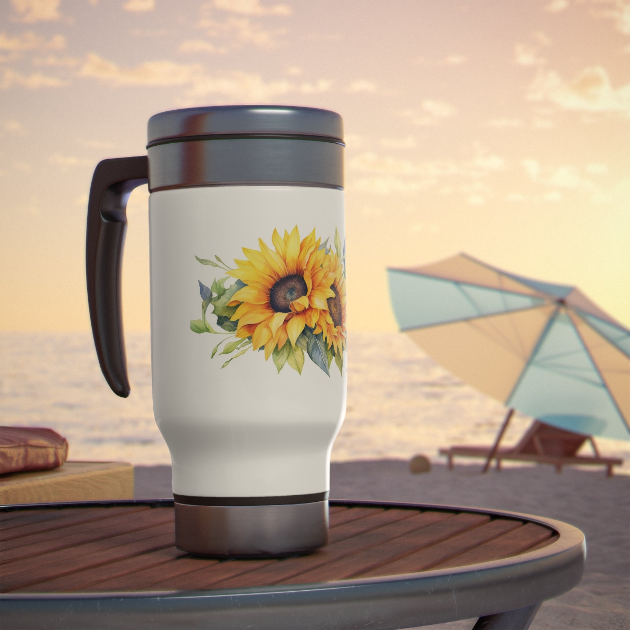 Stainless Steel Travel Mug with Handle, 14oz - Sunflowers, Watercolor