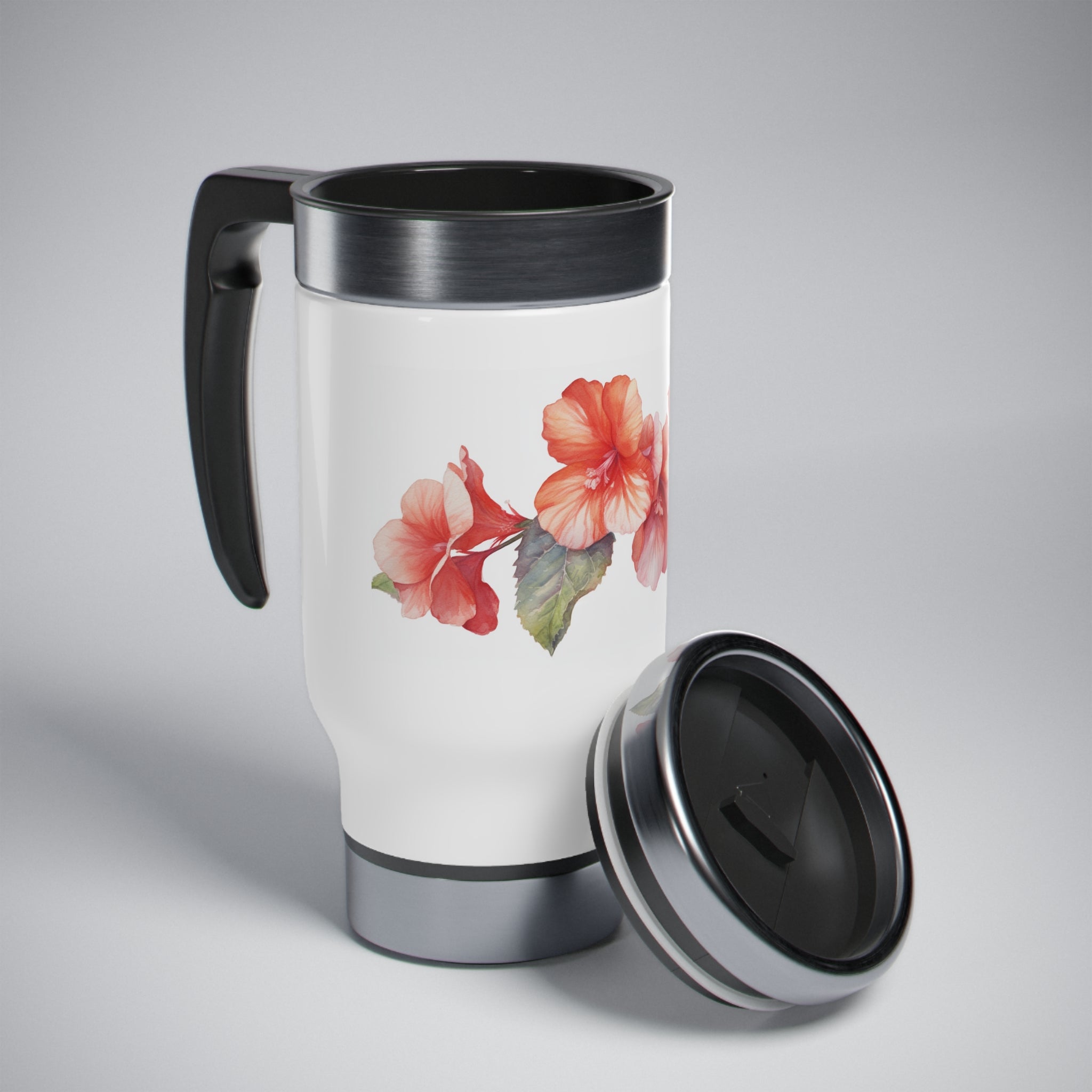 Stainless Steel Travel Mug with Handle, 14oz - Begonia, Watercolor