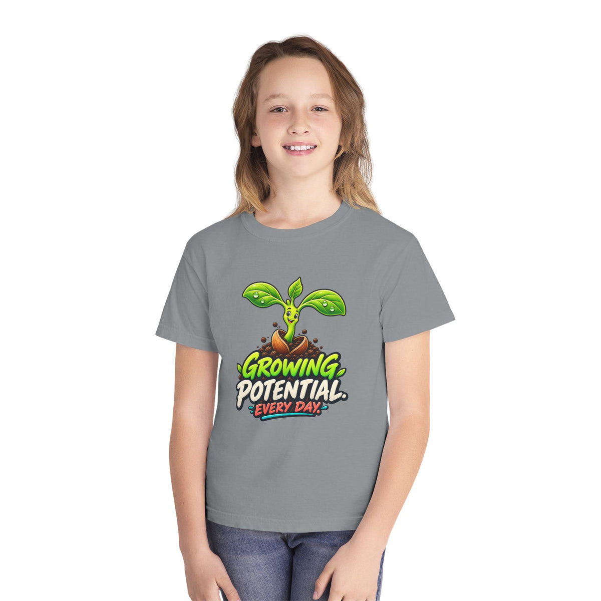 Growing Seedling, a Science design, on a youth midweight cotton tee
