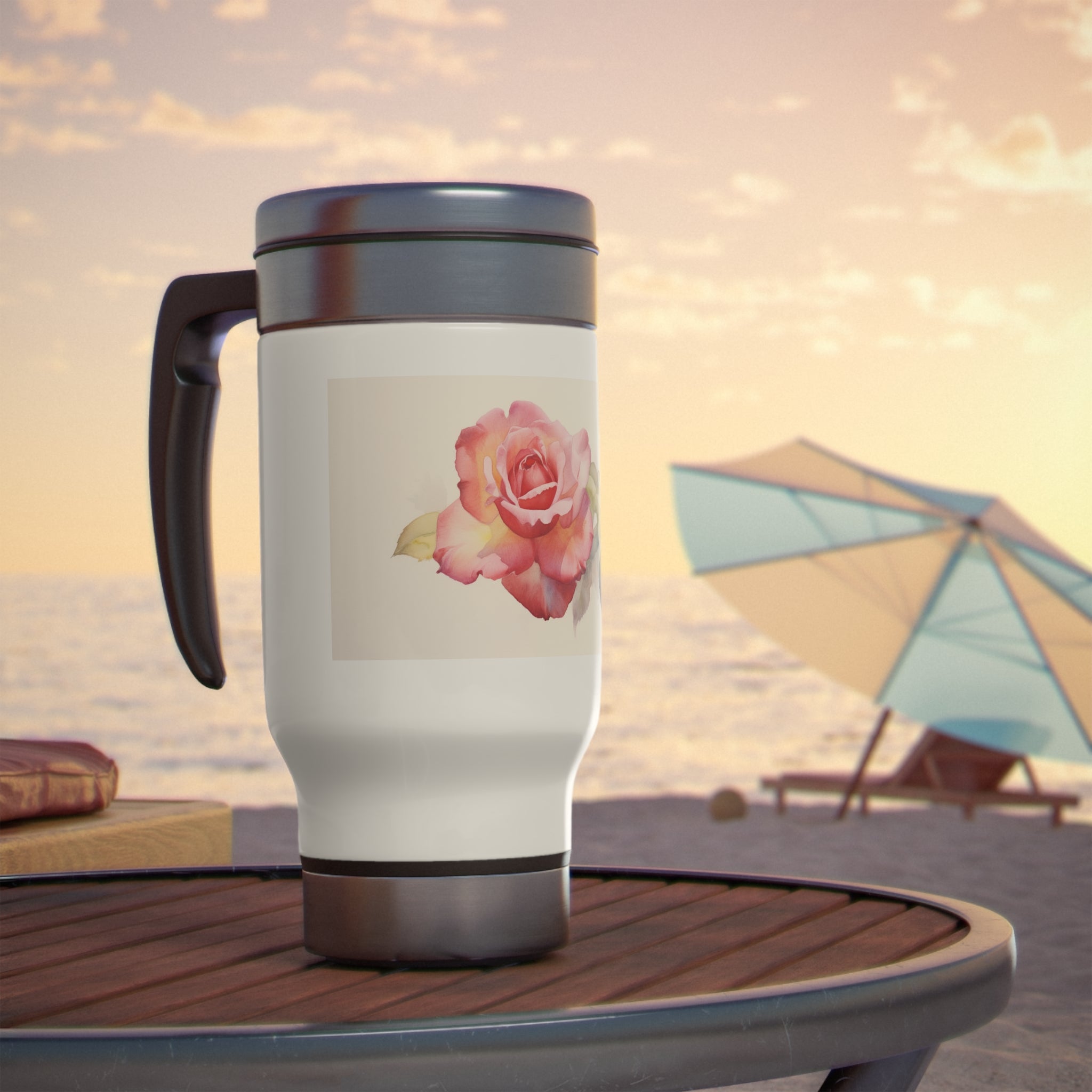 Stainless Steel Travel Mug with Handle, 14oz - Red Rose, Watercolor