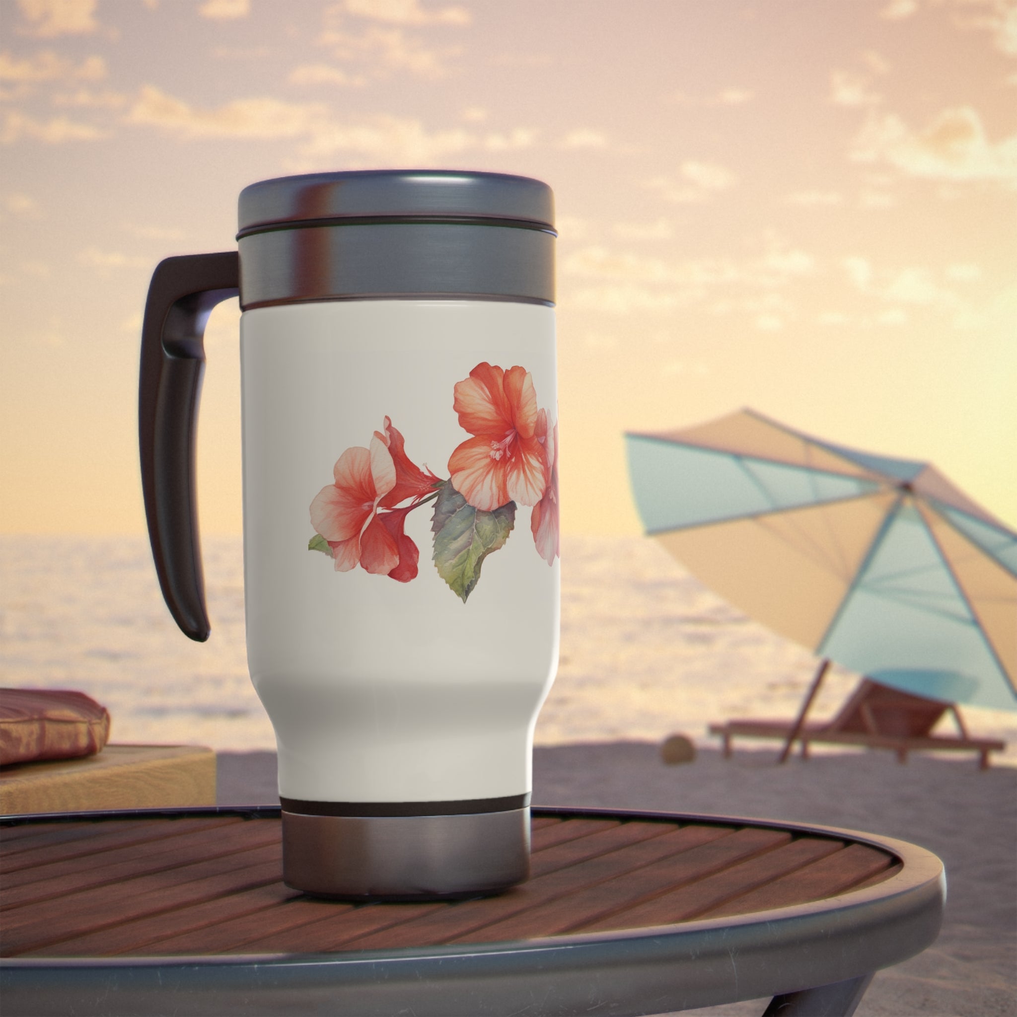 Stainless Steel Travel Mug with Handle, 14oz - Begonia, Watercolor