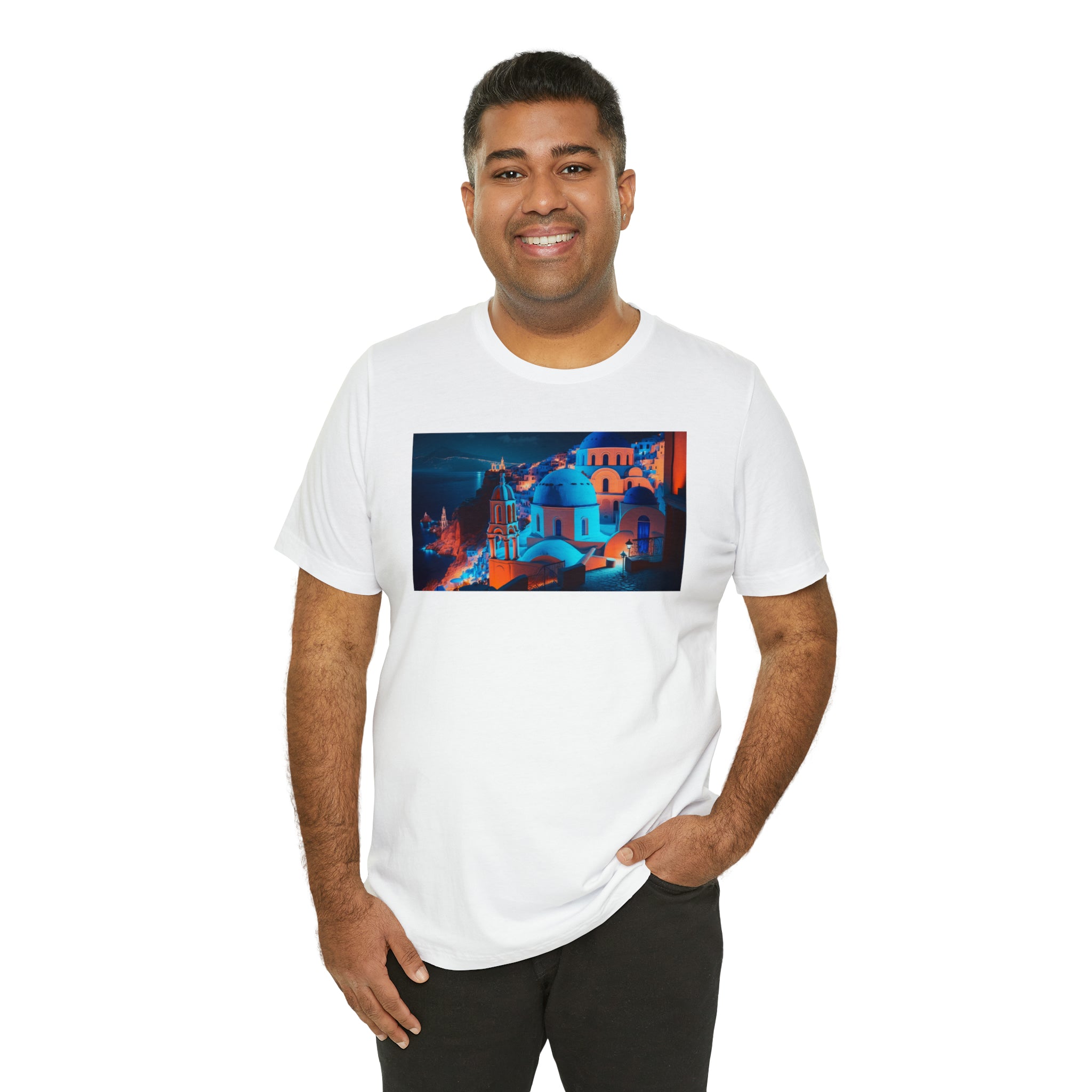 Unisex Jersey Short Sleeve Tee - Oia Blue Domes, Greece