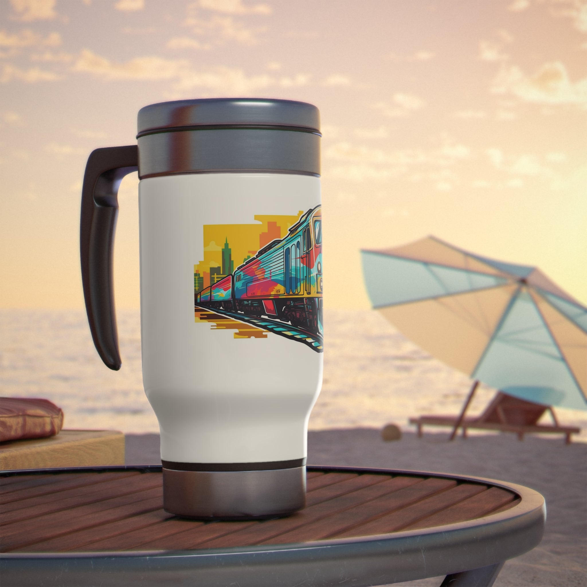 Stainless Steel Travel Mug with Handle, 14oz - Pop Art, Train