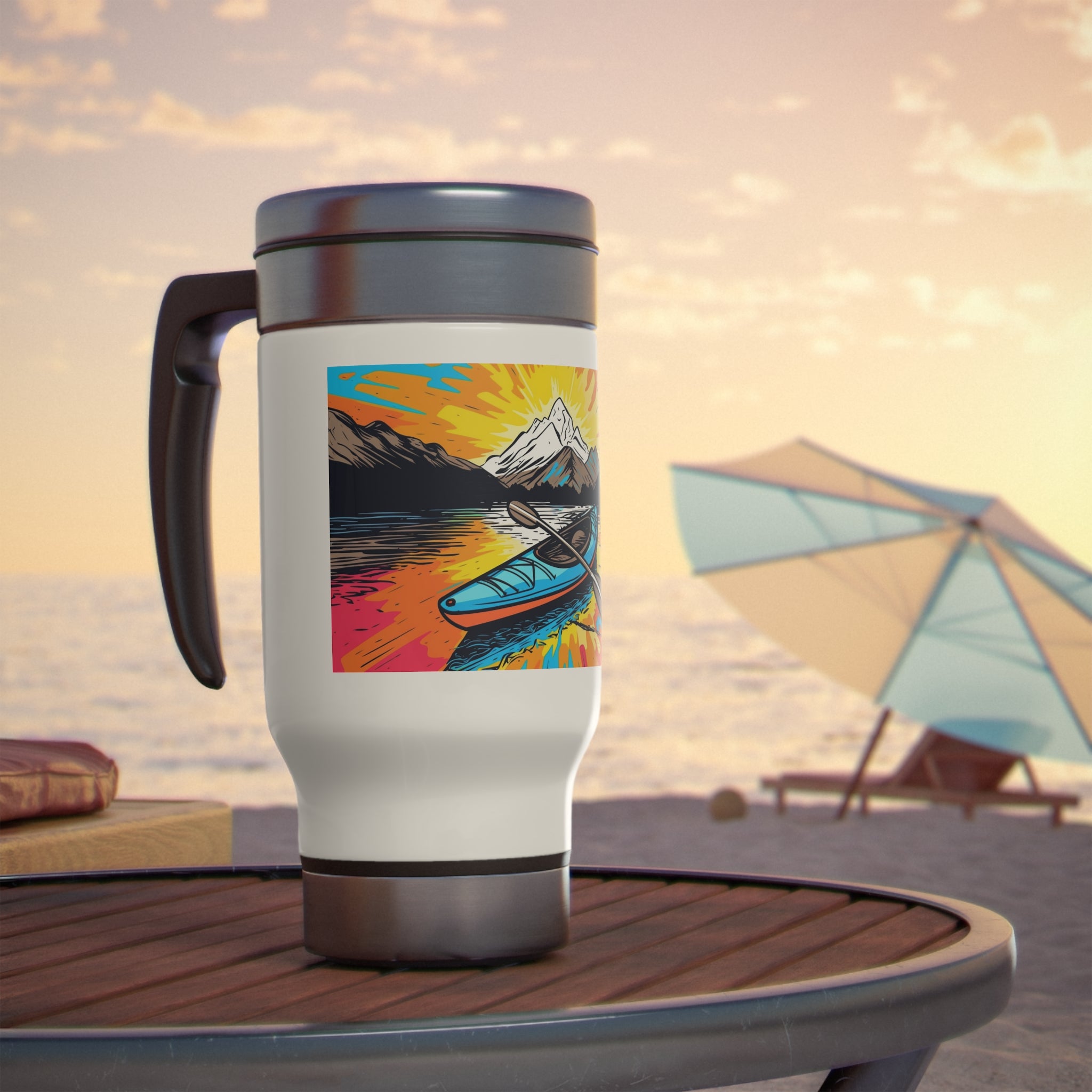 Stainless Steel Travel Mug with Handle, 14oz - Pop Art, Kayak