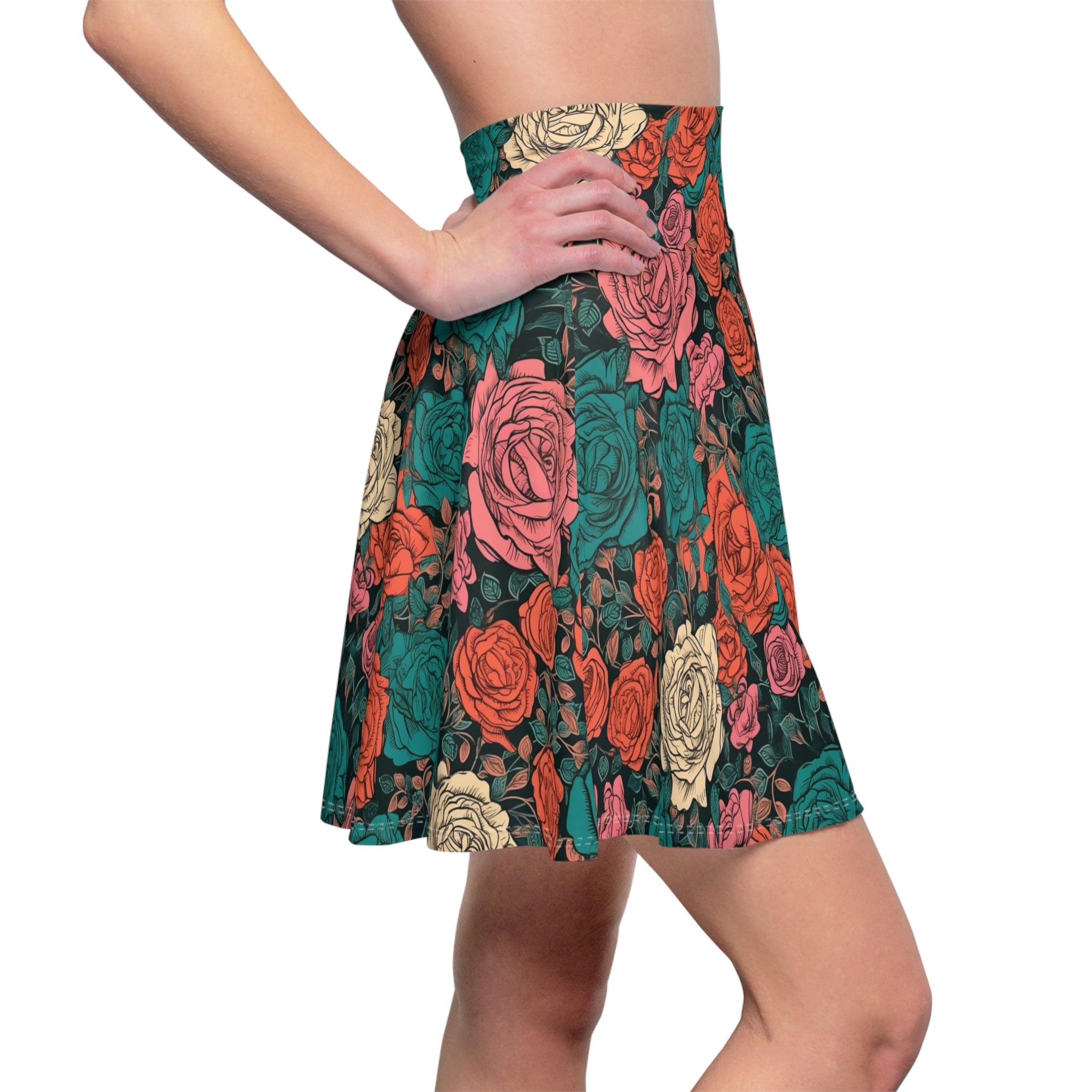Women's Skater Skirt (AOP) - Seamless Watercolor Designs - Roses 02