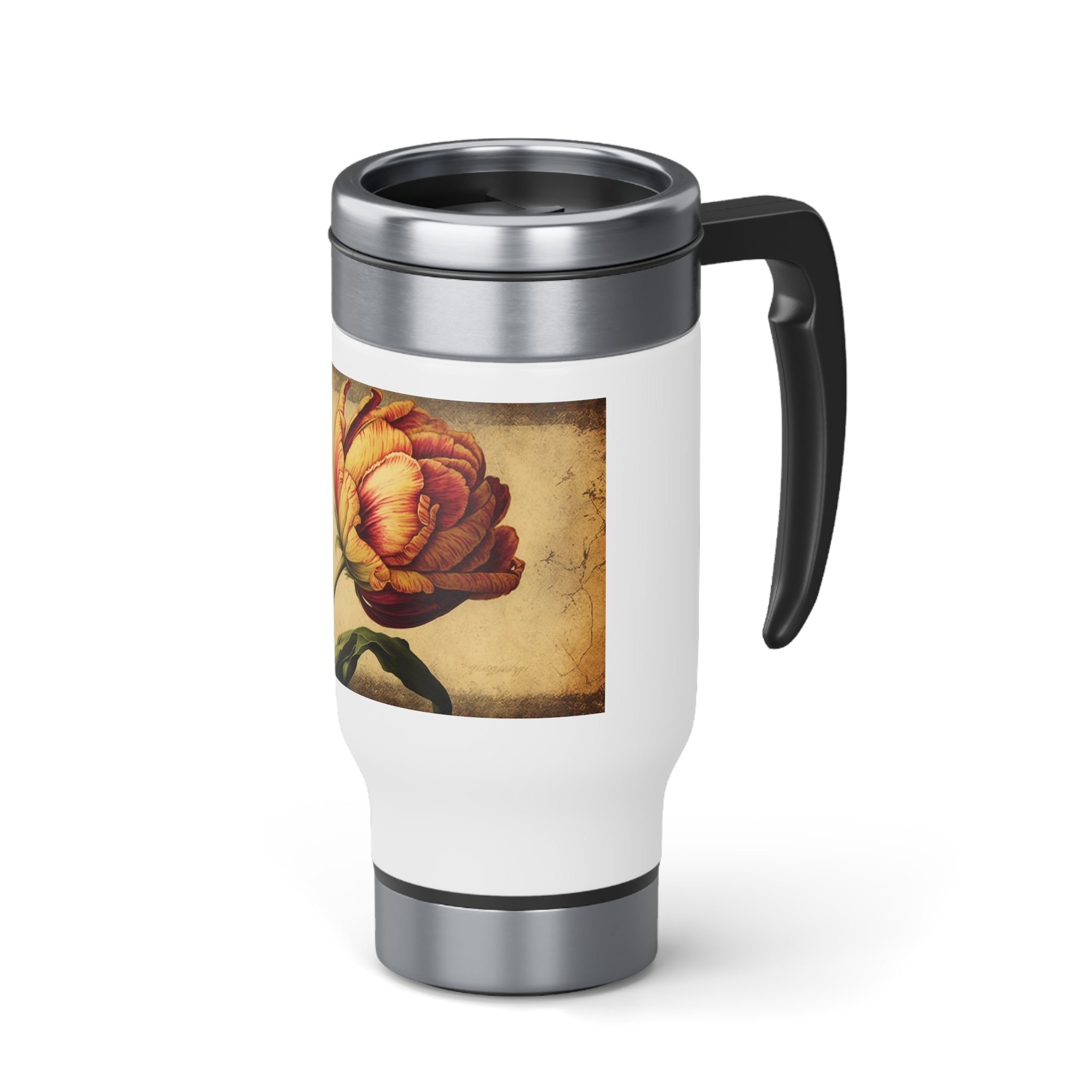 Stainless Steel Travel Mug with Handle, 14oz - Vintage, Tulips