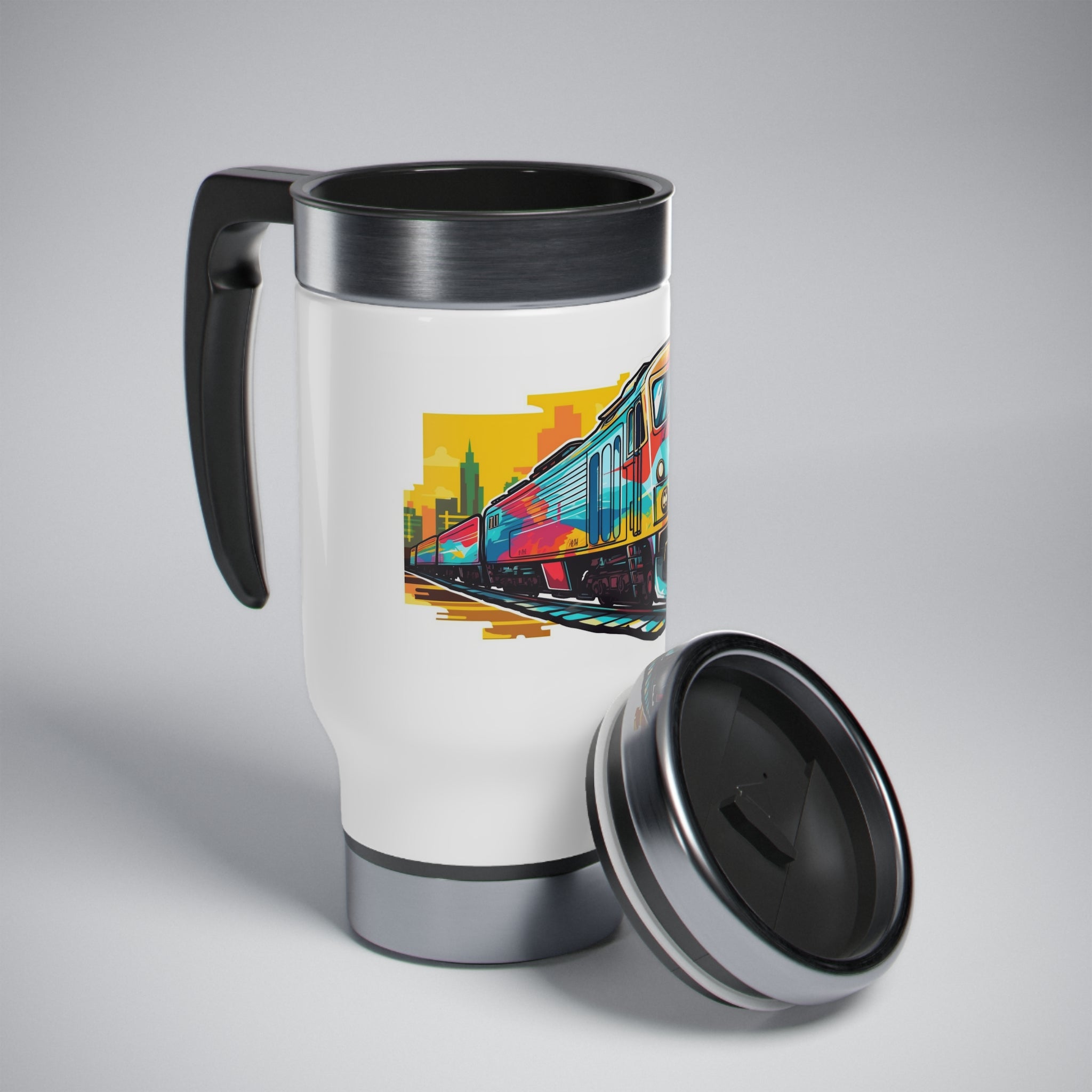 Stainless Steel Travel Mug with Handle, 14oz - Pop Art, Train