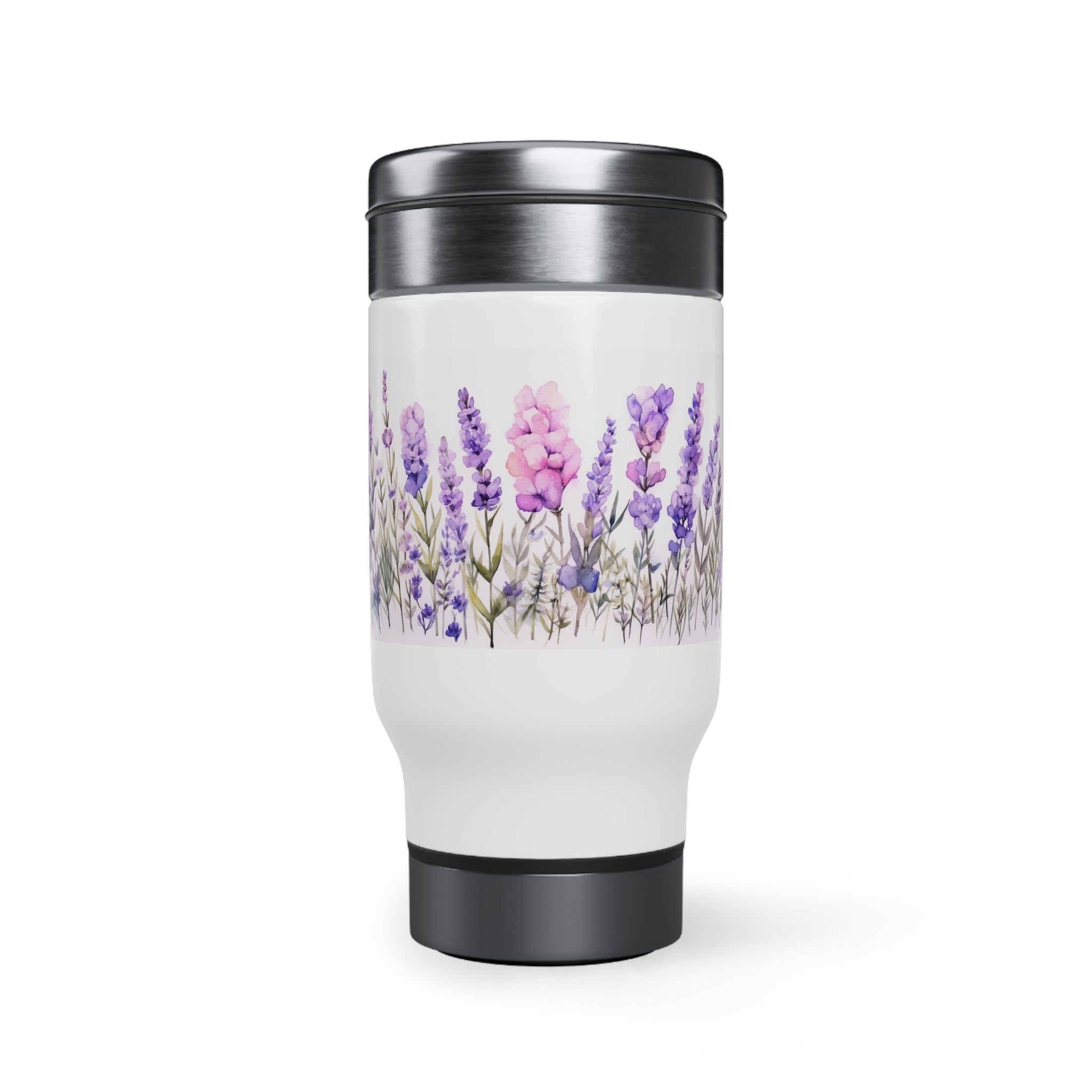 Stainless Steel Travel Mug with Handle, 14oz - Lavender Flowers, Watercolor