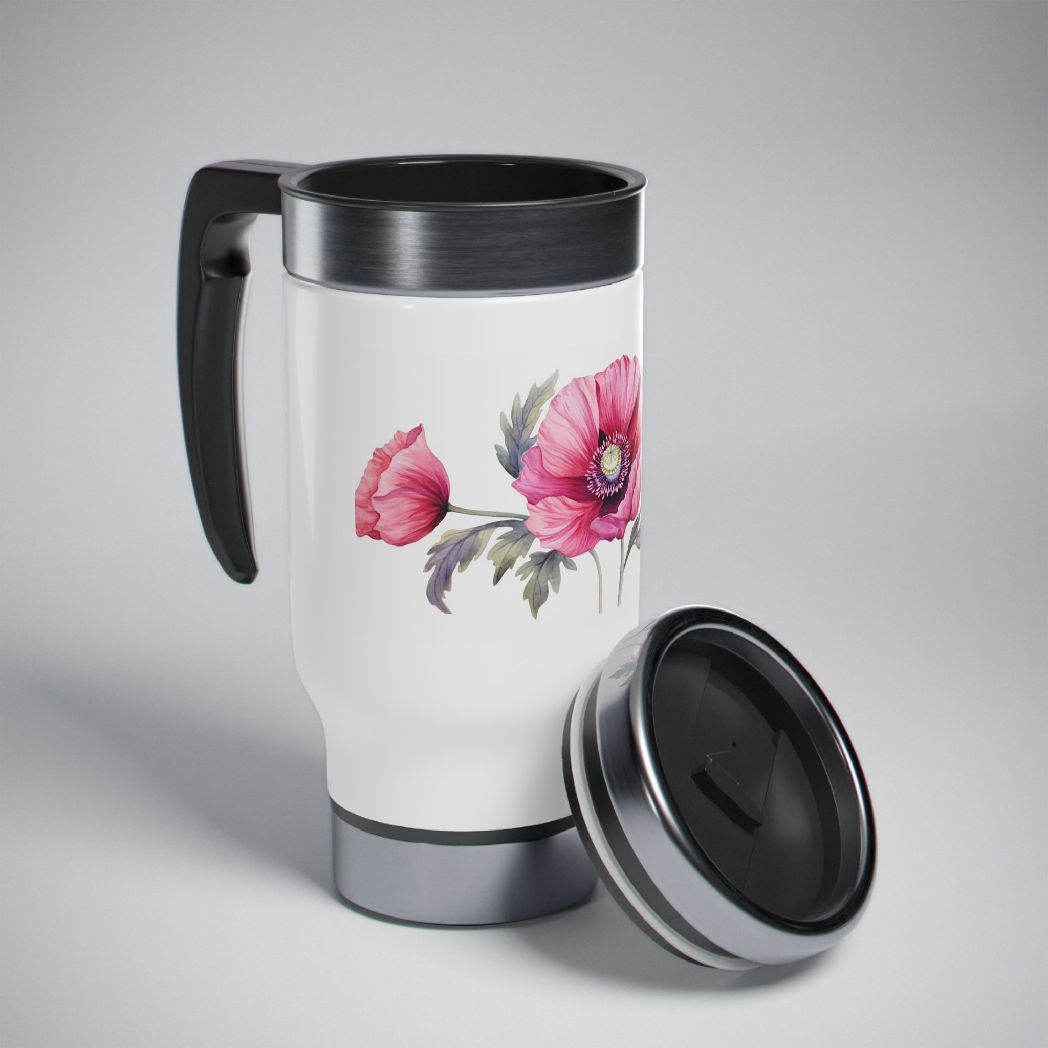 Stainless Steel Travel Mug with Handle, 14oz - Pink Poppy, Watercolor