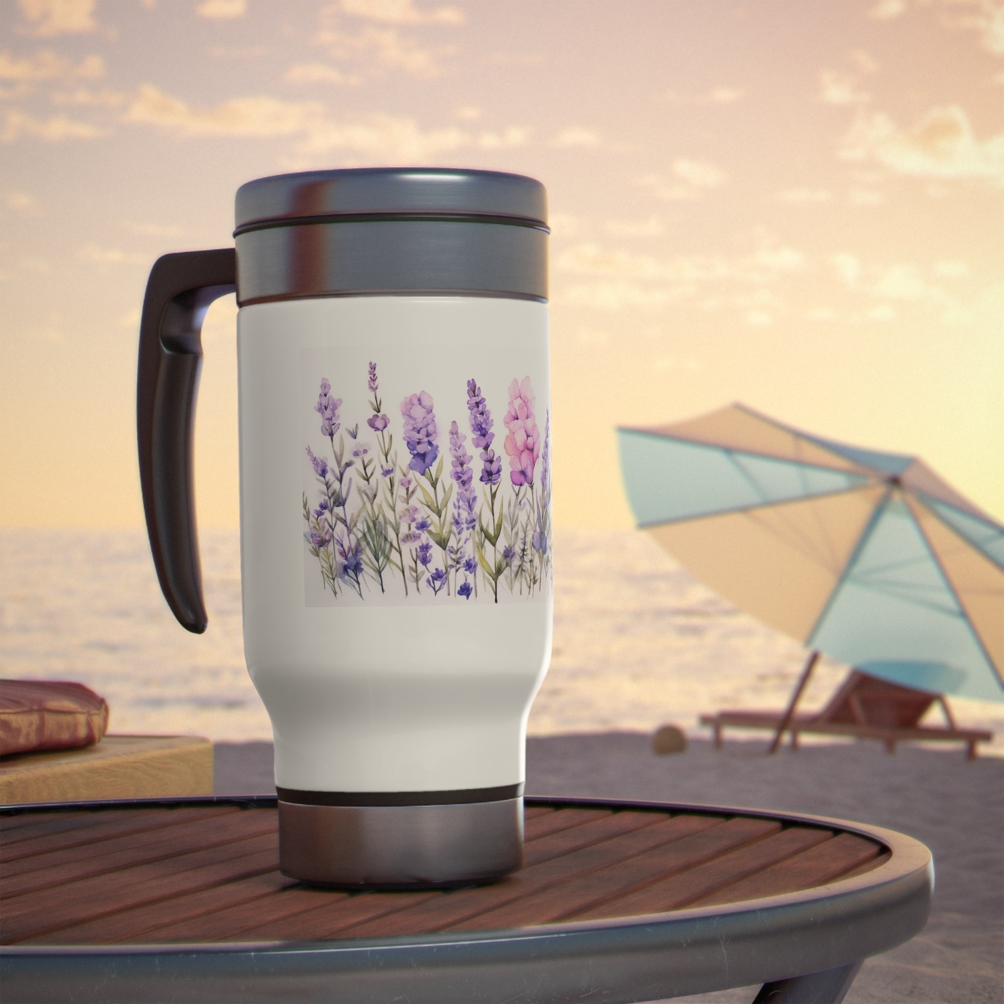 Stainless Steel Travel Mug with Handle, 14oz - Lavender Flowers, Watercolor