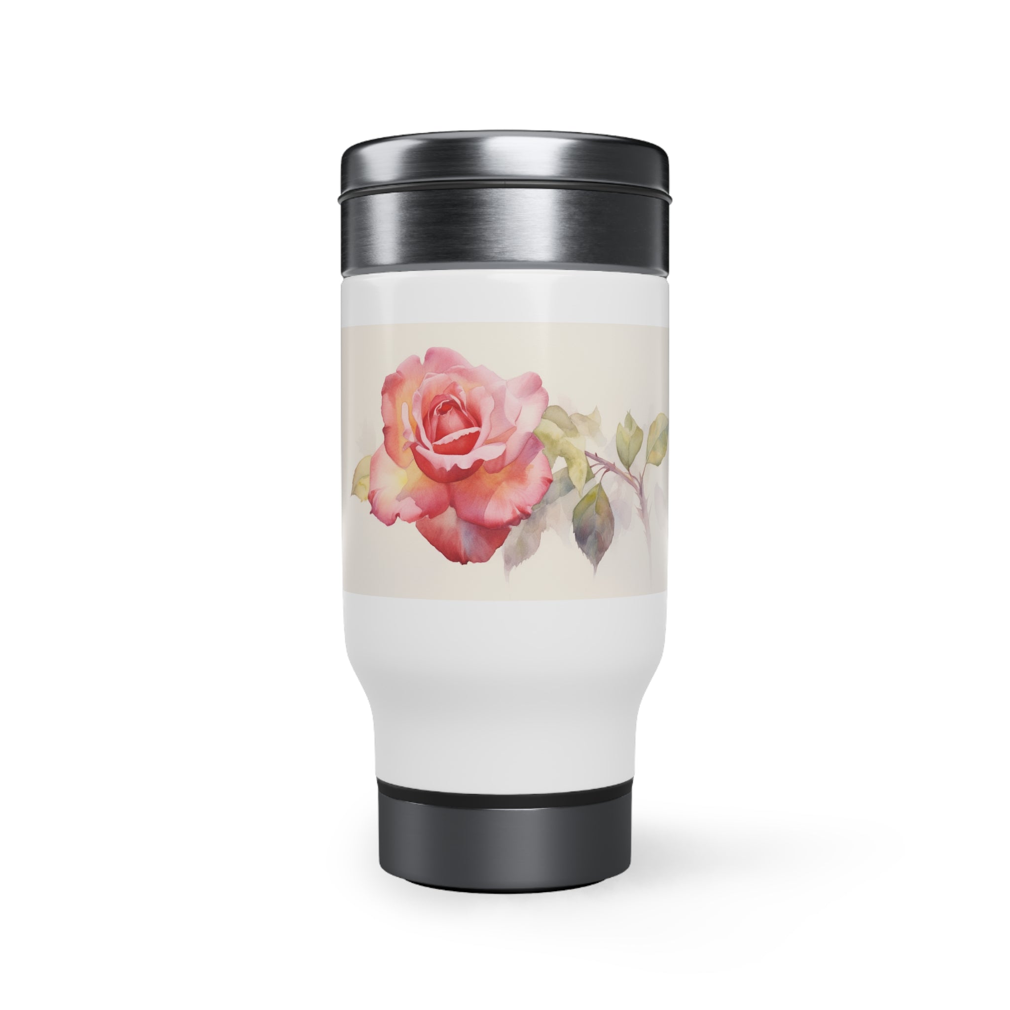Stainless Steel Travel Mug with Handle, 14oz - Red Rose, Watercolor