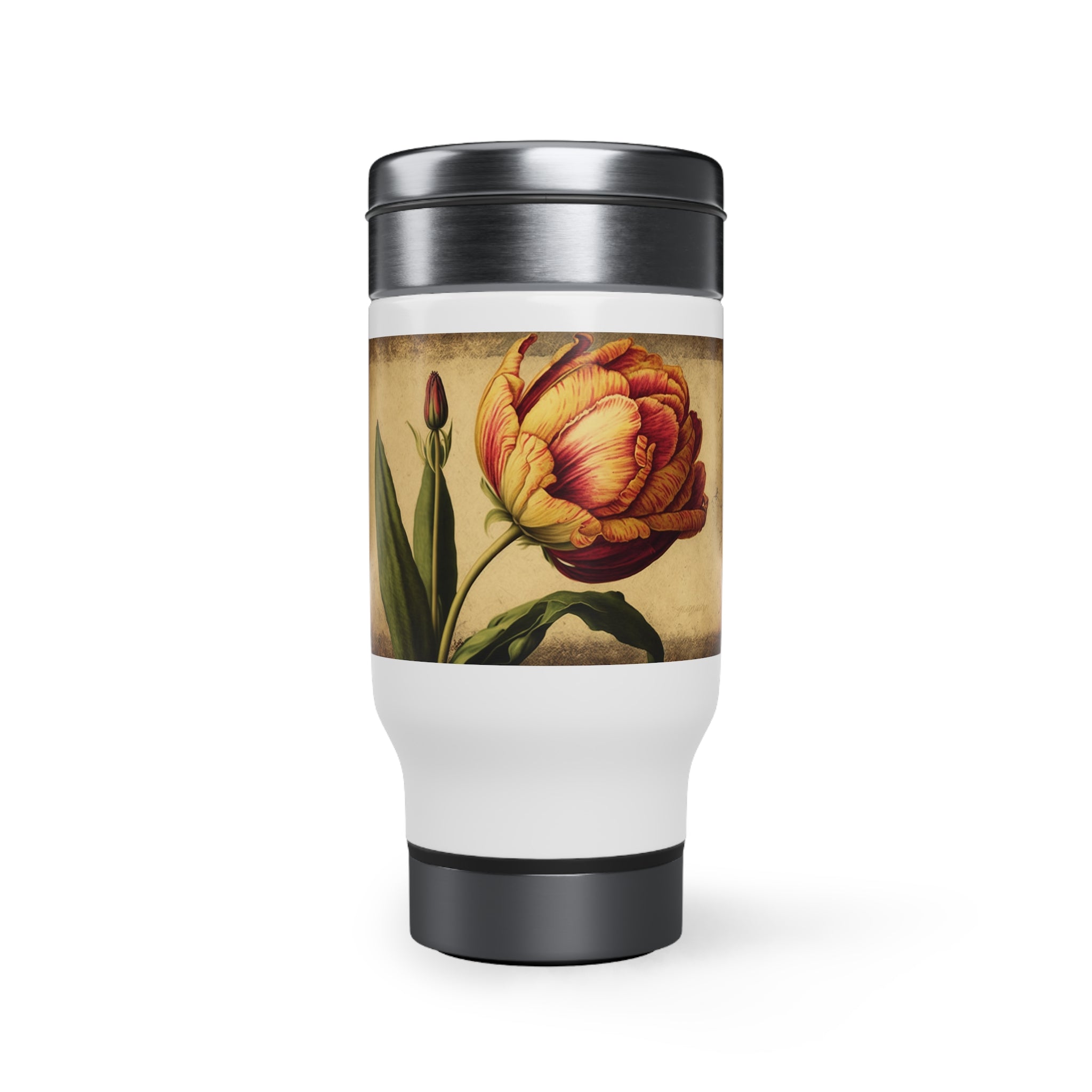 Stainless Steel Travel Mug with Handle, 14oz - Vintage, Tulips