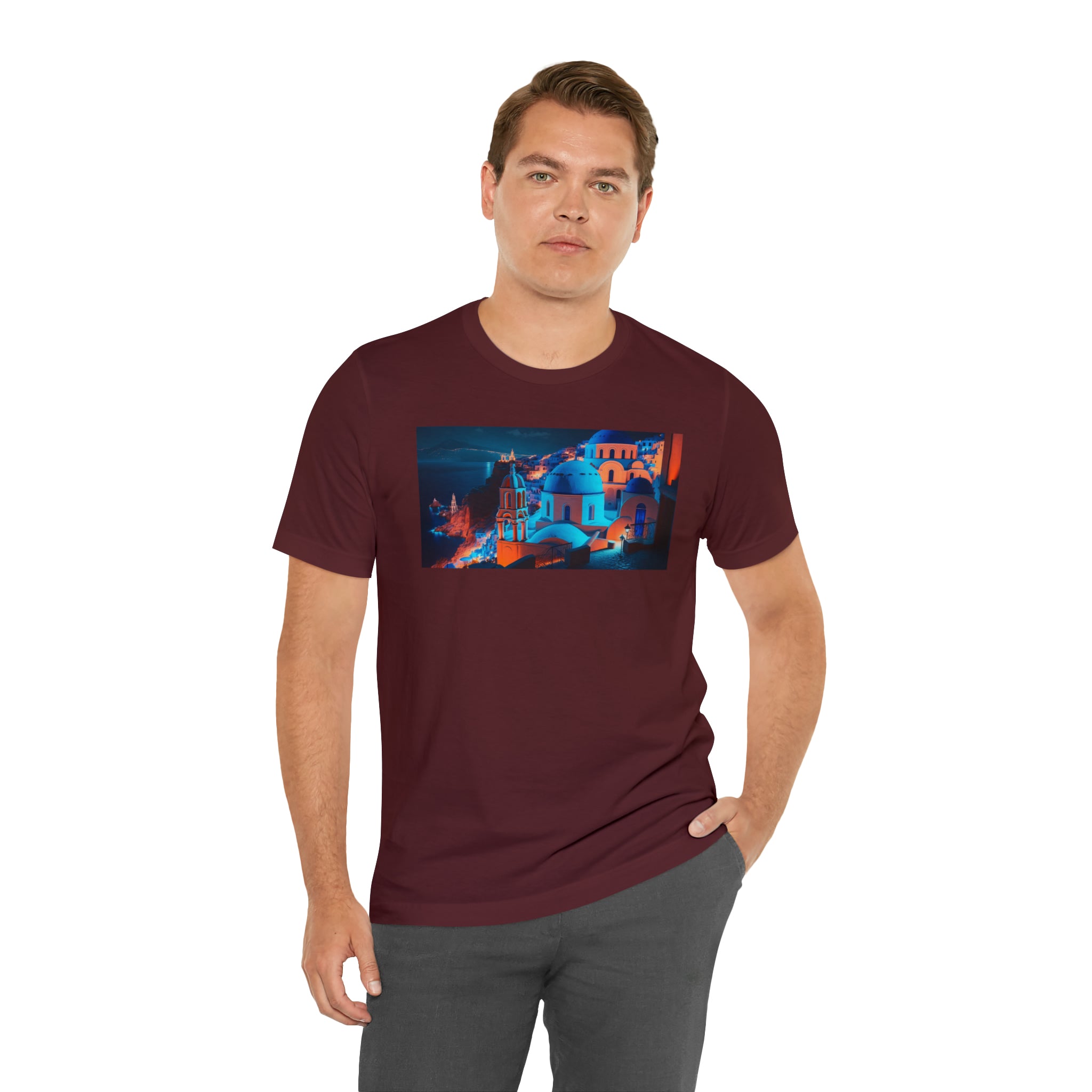 Unisex Jersey Short Sleeve Tee - Oia Blue Domes, Greece