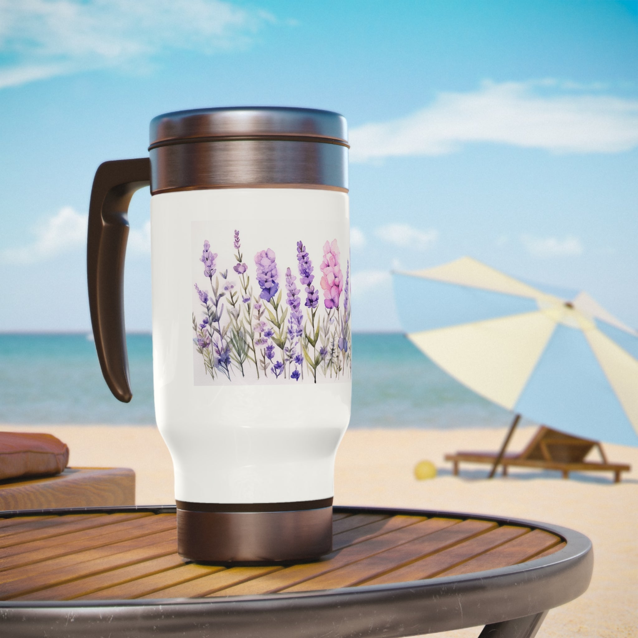 Stainless Steel Travel Mug with Handle, 14oz - Lavender Flowers, Watercolor