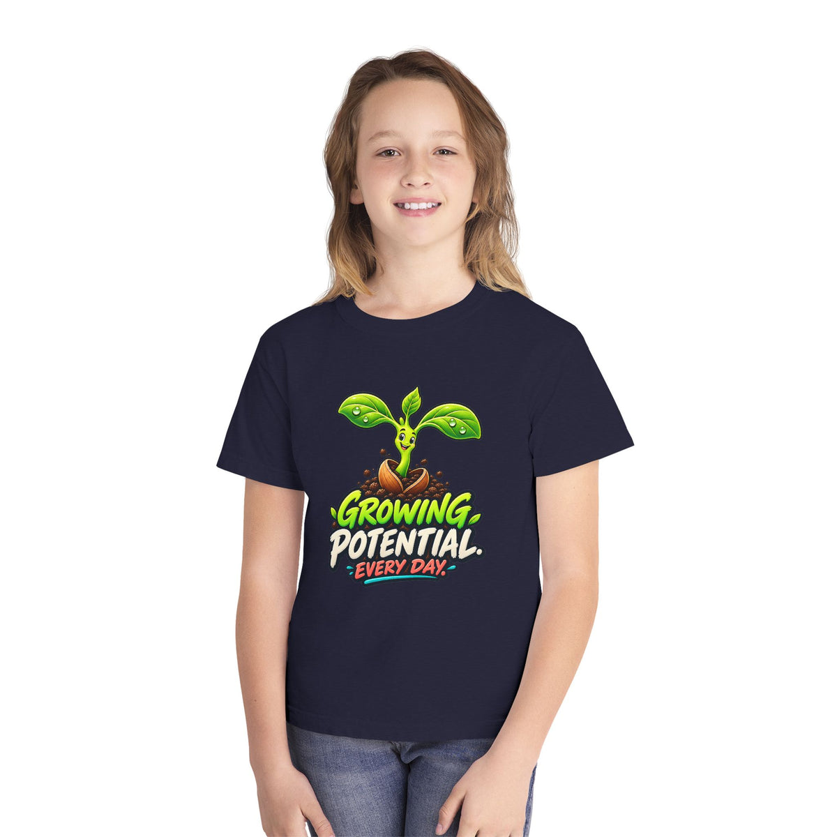 Growing Seedling, a Science design, on a youth midweight cotton tee
