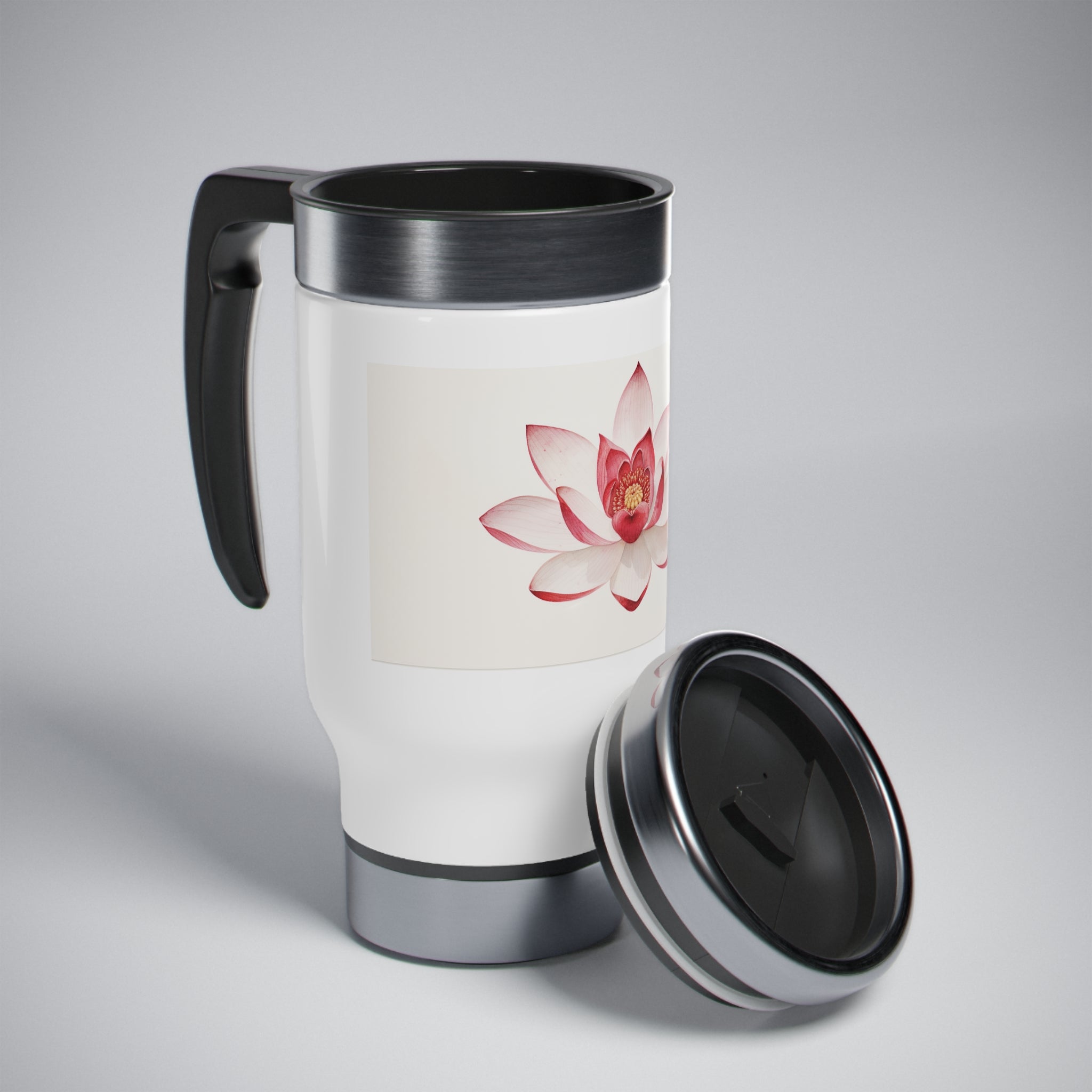 Stainless Steel Travel Mug with Handle, 14oz - Red Lotus, Watercolor
