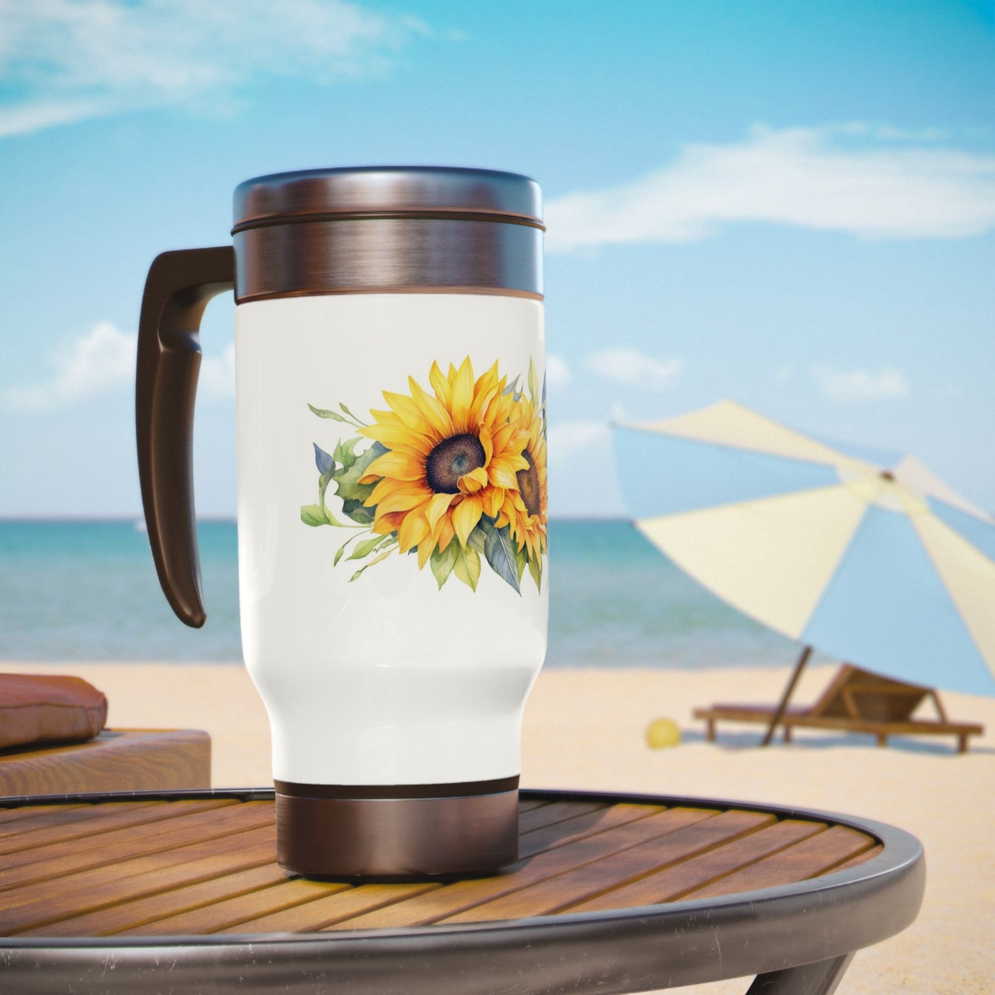 Stainless Steel Travel Mug with Handle, 14oz - Sunflowers, Watercolor