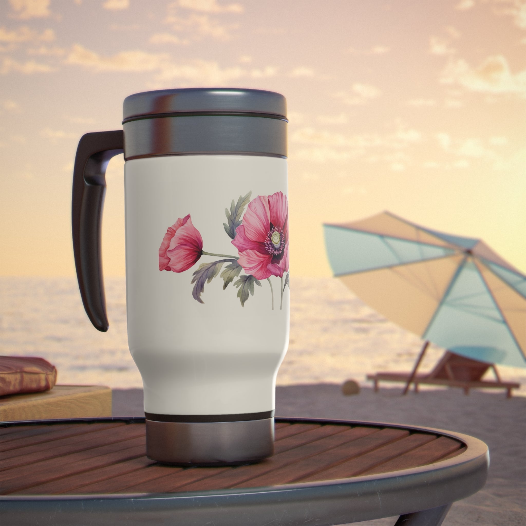 Stainless Steel Travel Mug with Handle, 14oz - Pink Poppy, Watercolor