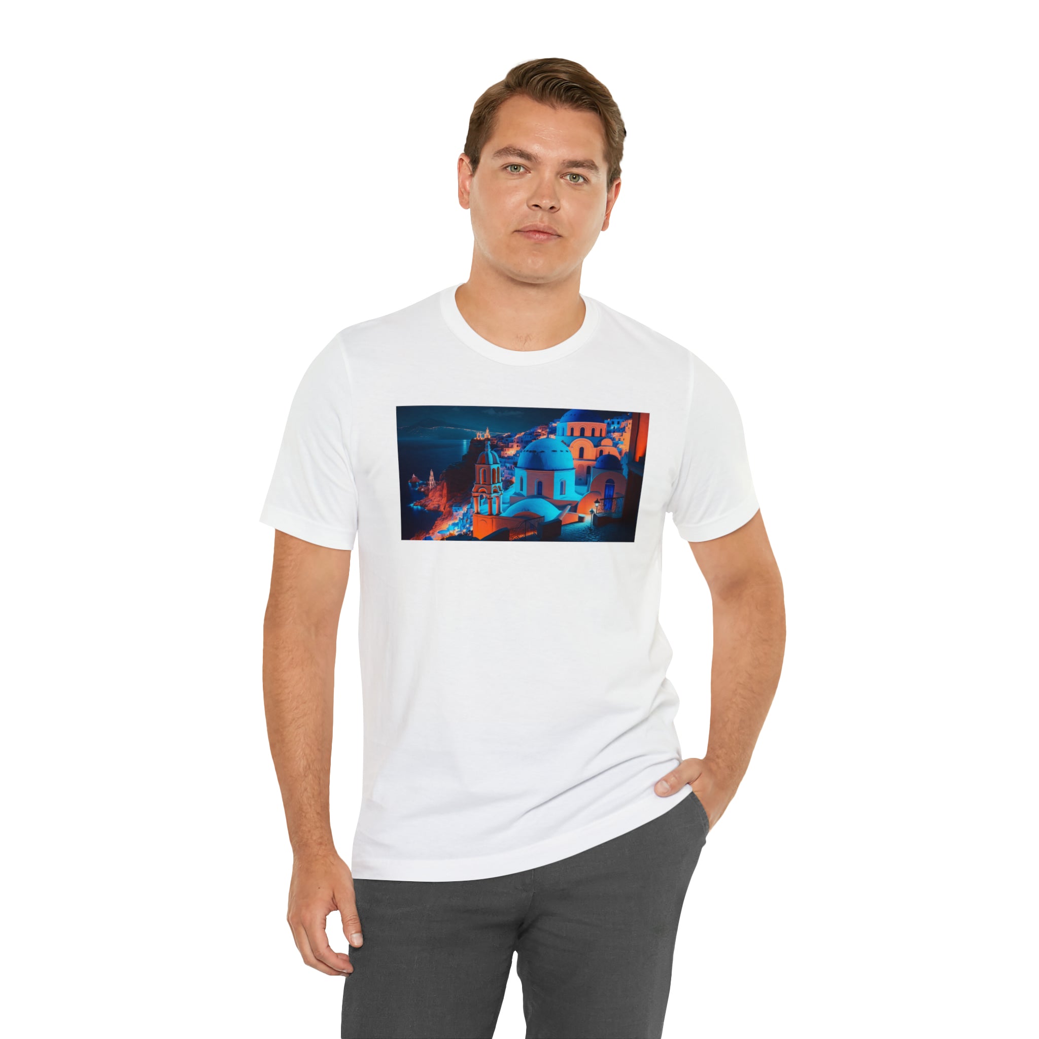Unisex Jersey Short Sleeve Tee - Oia Blue Domes, Greece