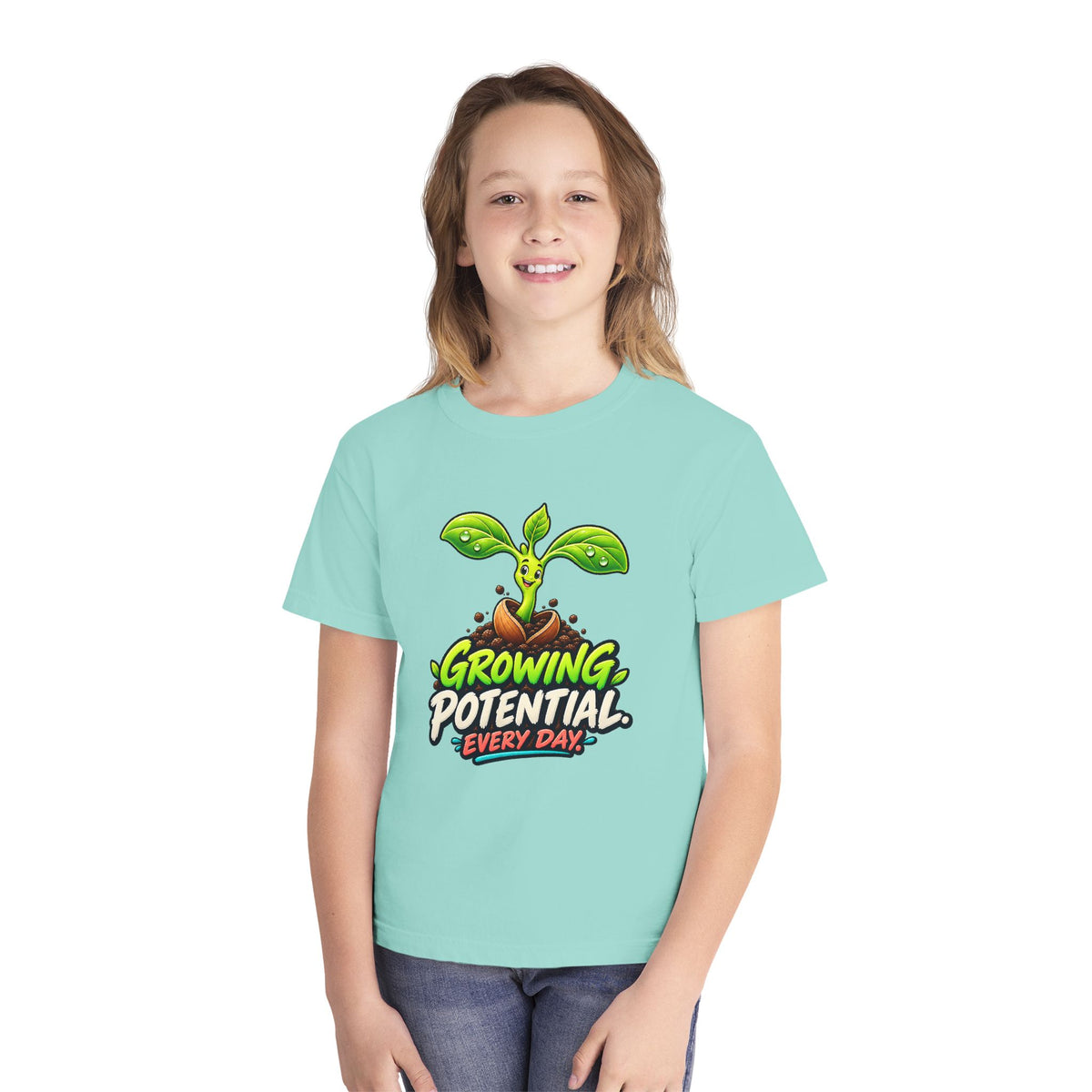 Growing Seedling, a Science design, on a youth midweight cotton tee