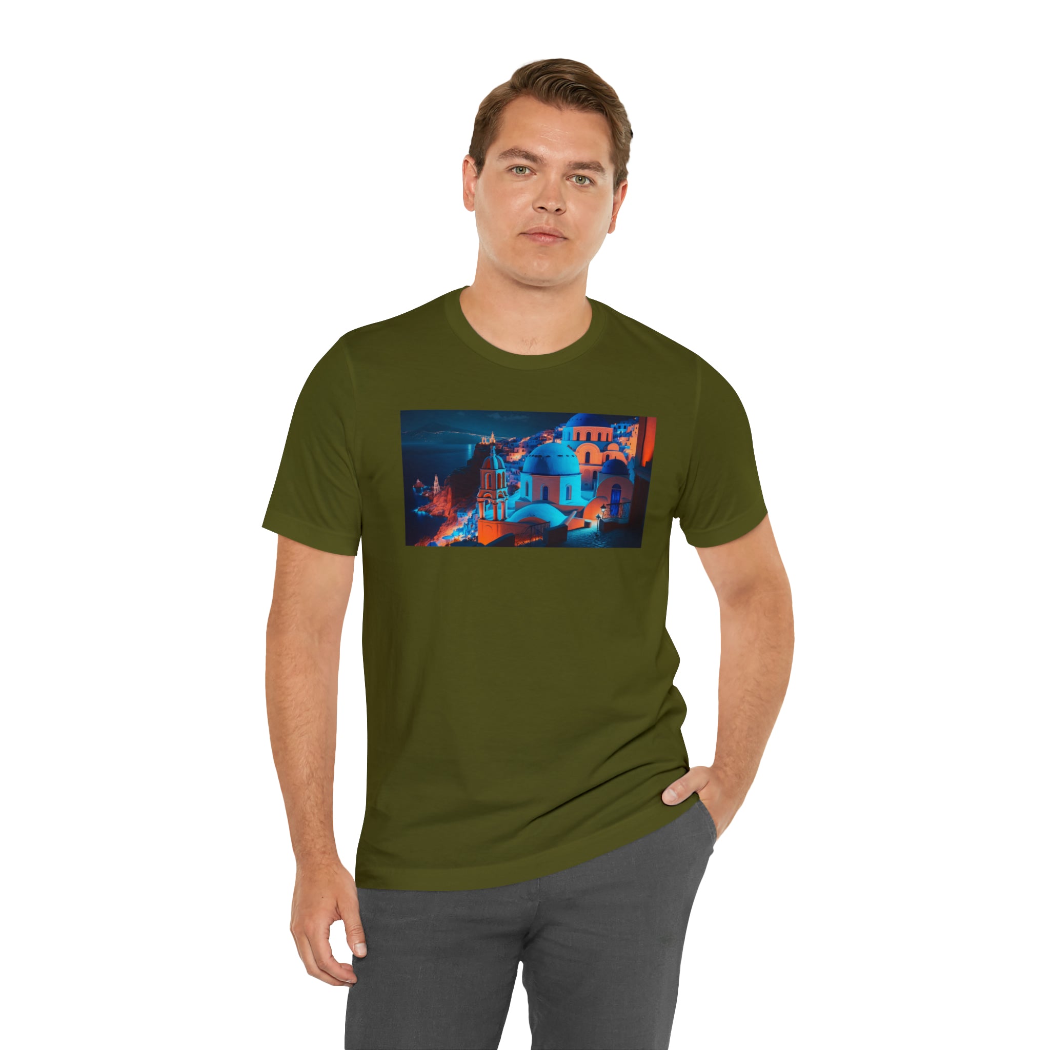Unisex Jersey Short Sleeve Tee - Oia Blue Domes, Greece