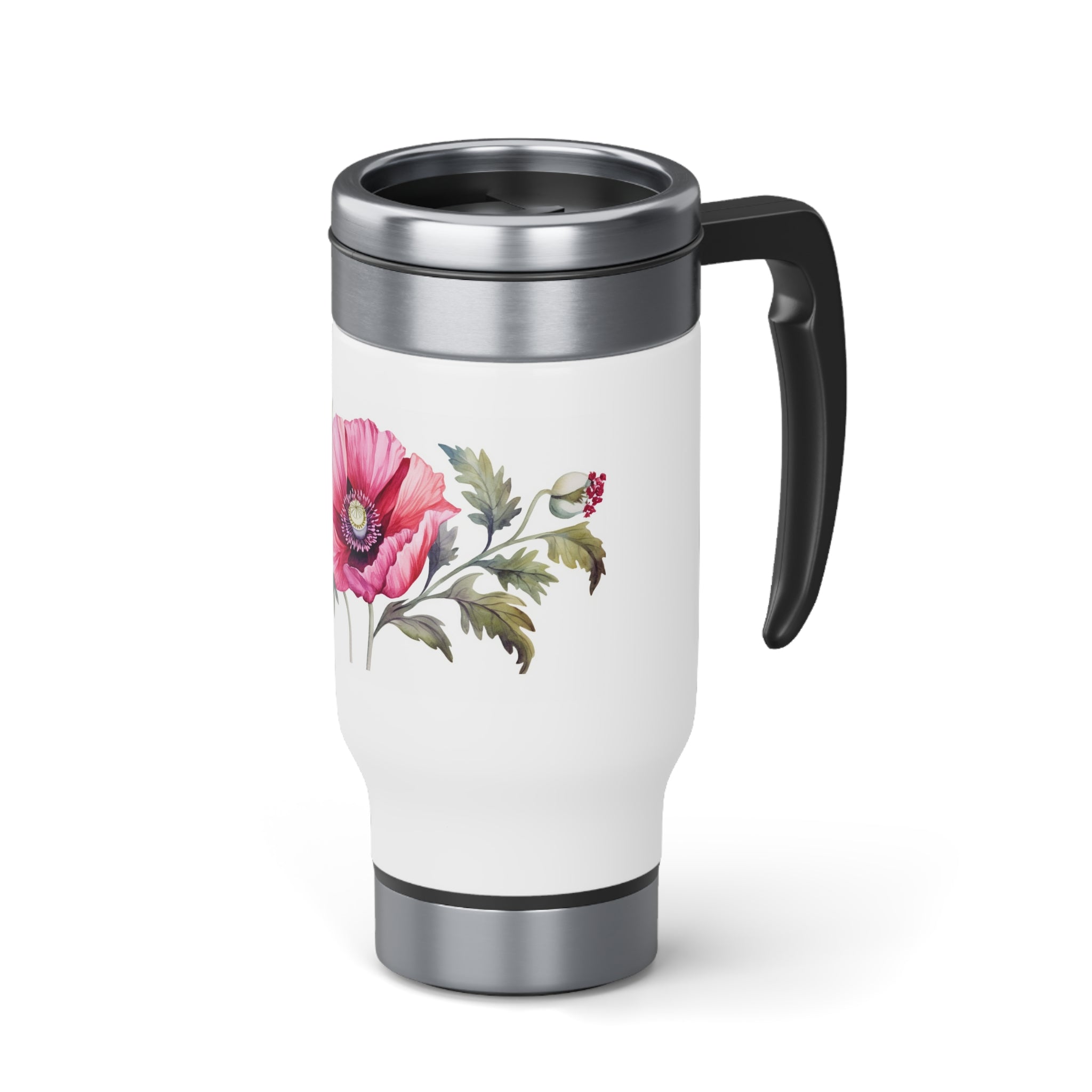 Stainless Steel Travel Mug with Handle, 14oz - Pink Poppy, Watercolor