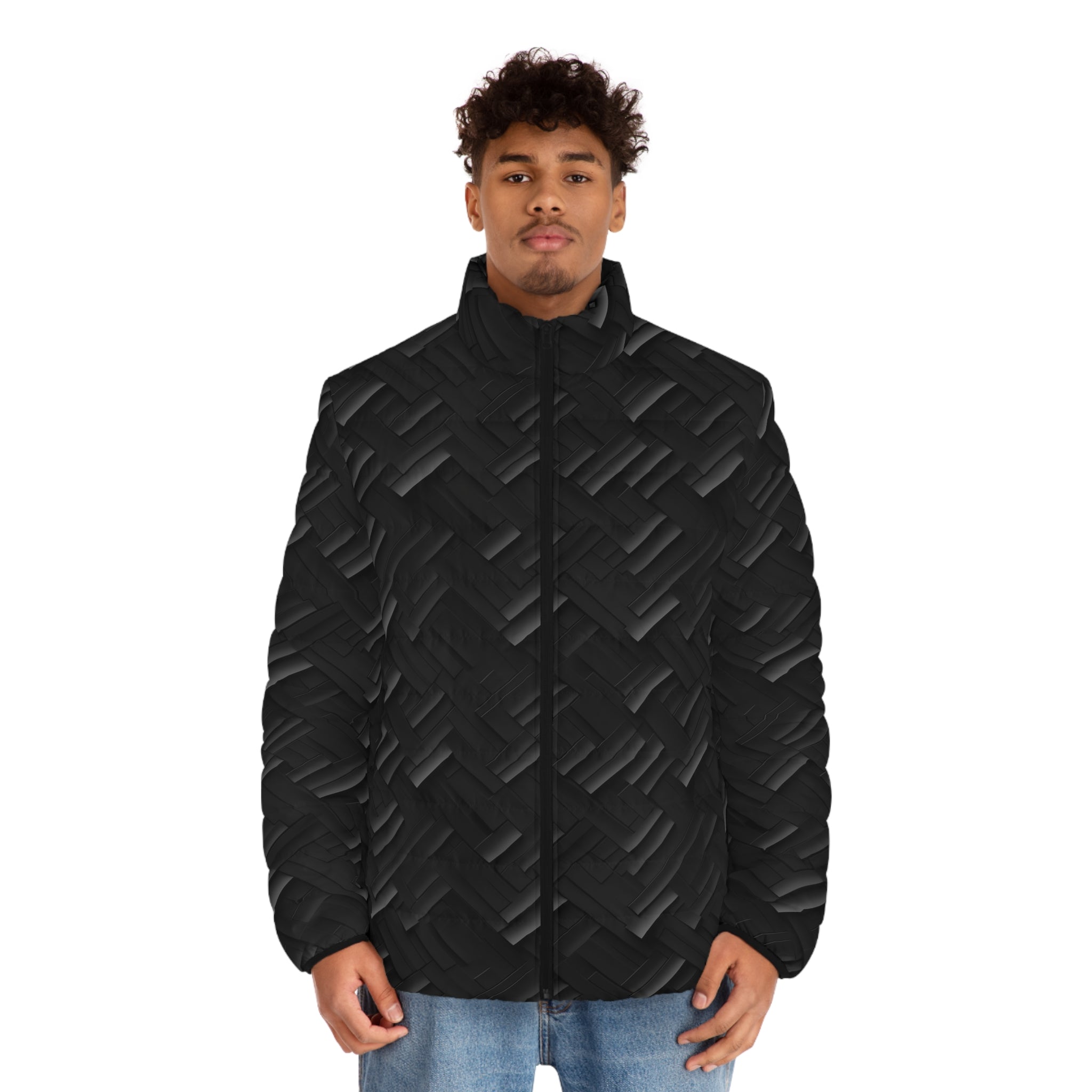 Men's Puffer Jacket (AOP) - Black Noir Designs 07
