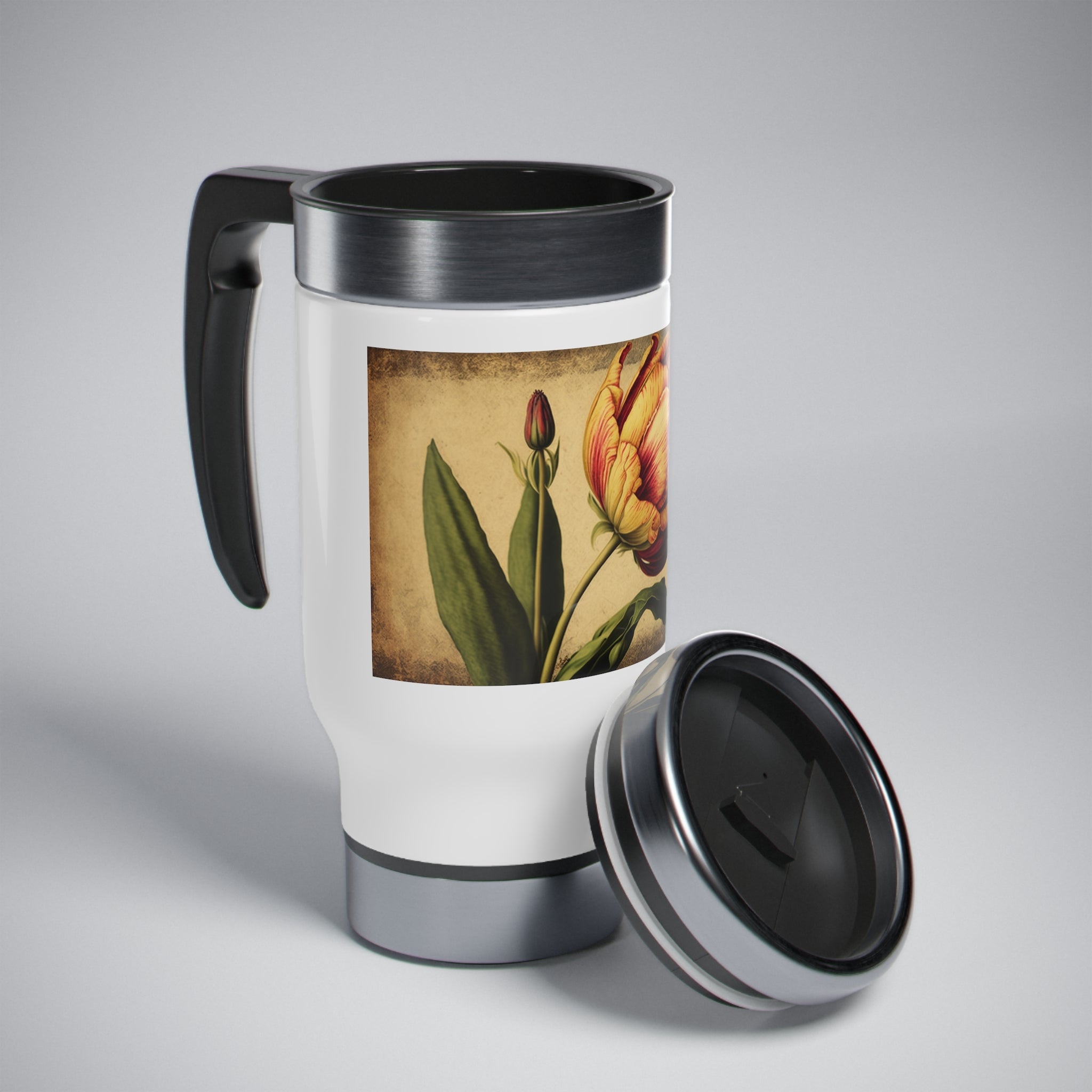 Stainless Steel Travel Mug with Handle, 14oz - Vintage, Tulips