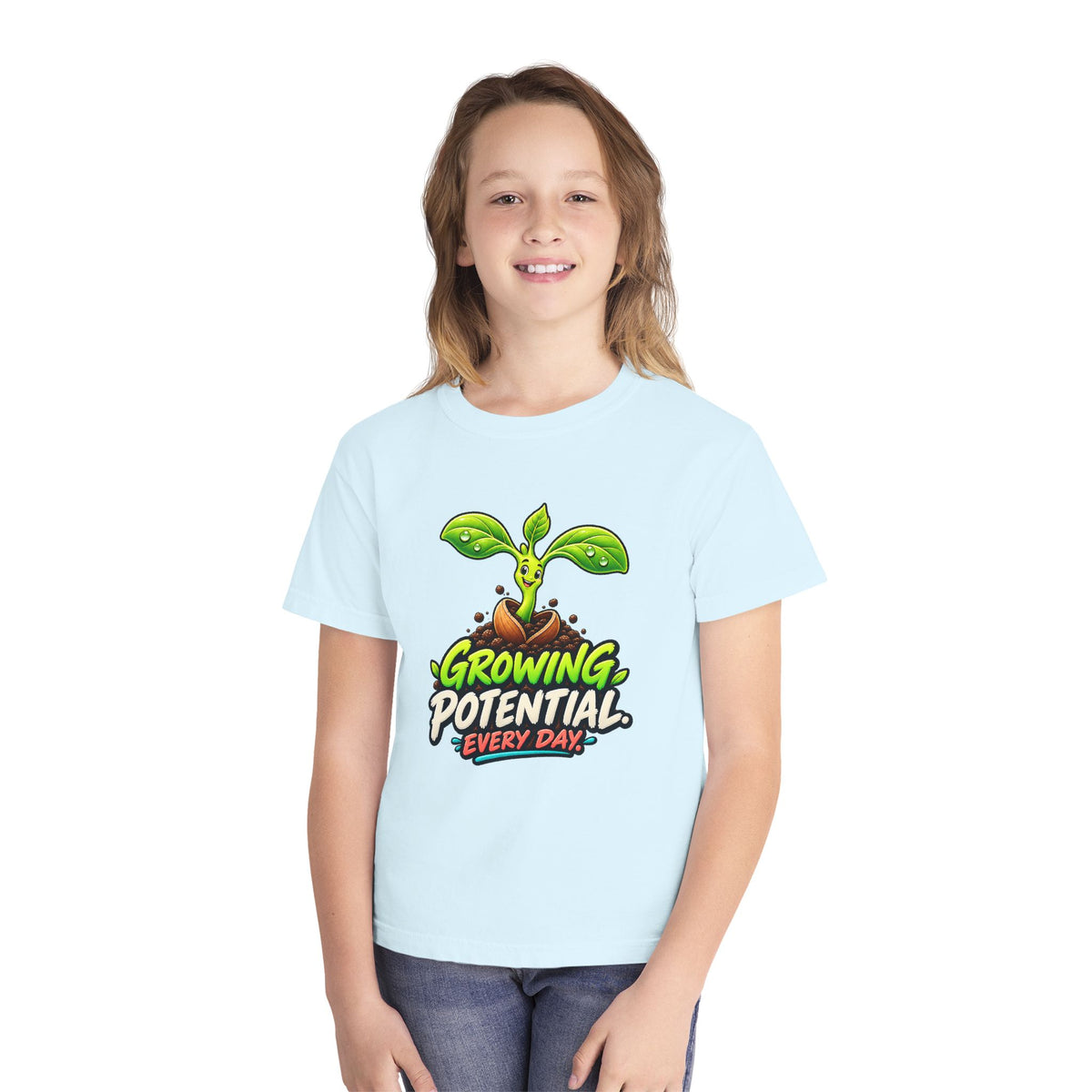 Growing Seedling, a Science design, on a youth midweight cotton tee