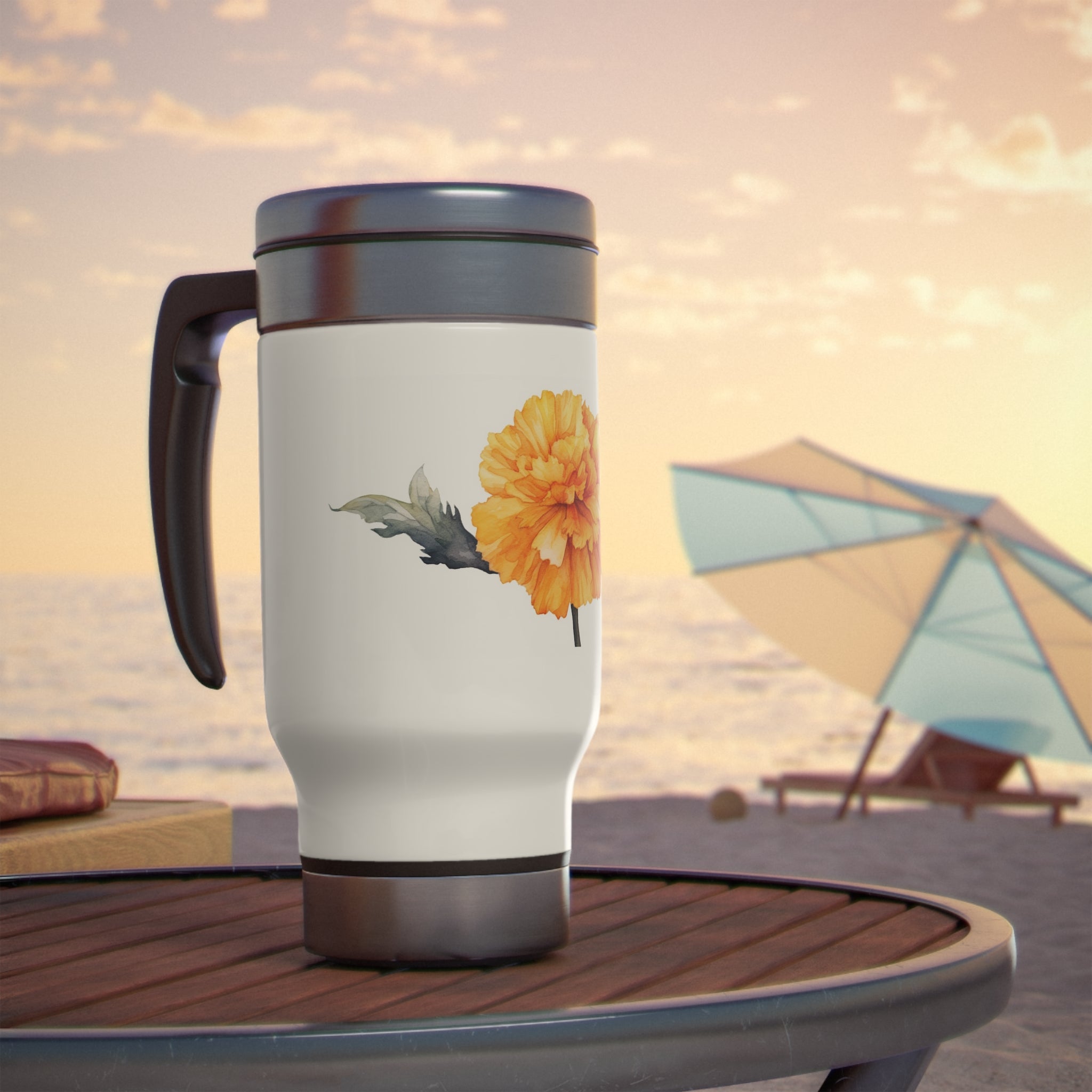 Stainless Steel Travel Mug with Handle, 14oz - Marigold, Watercolor