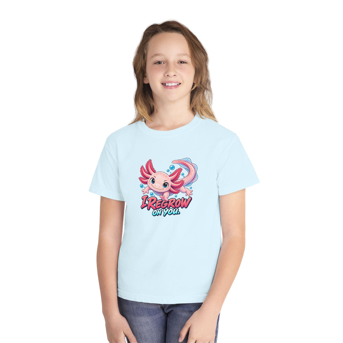Axolotl, a Science design, on a youth midweight cotton tee