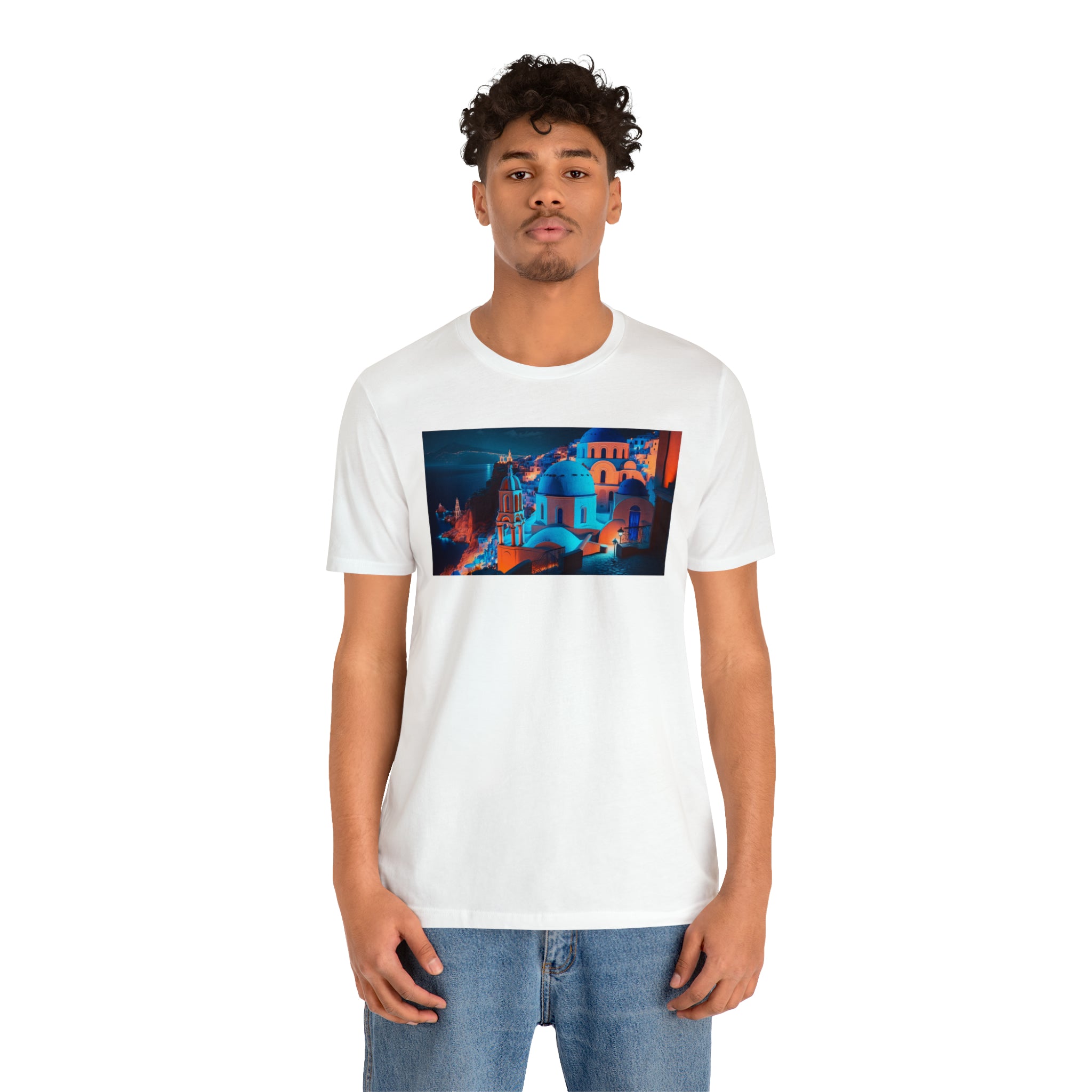 Unisex Jersey Short Sleeve Tee - Oia Blue Domes, Greece
