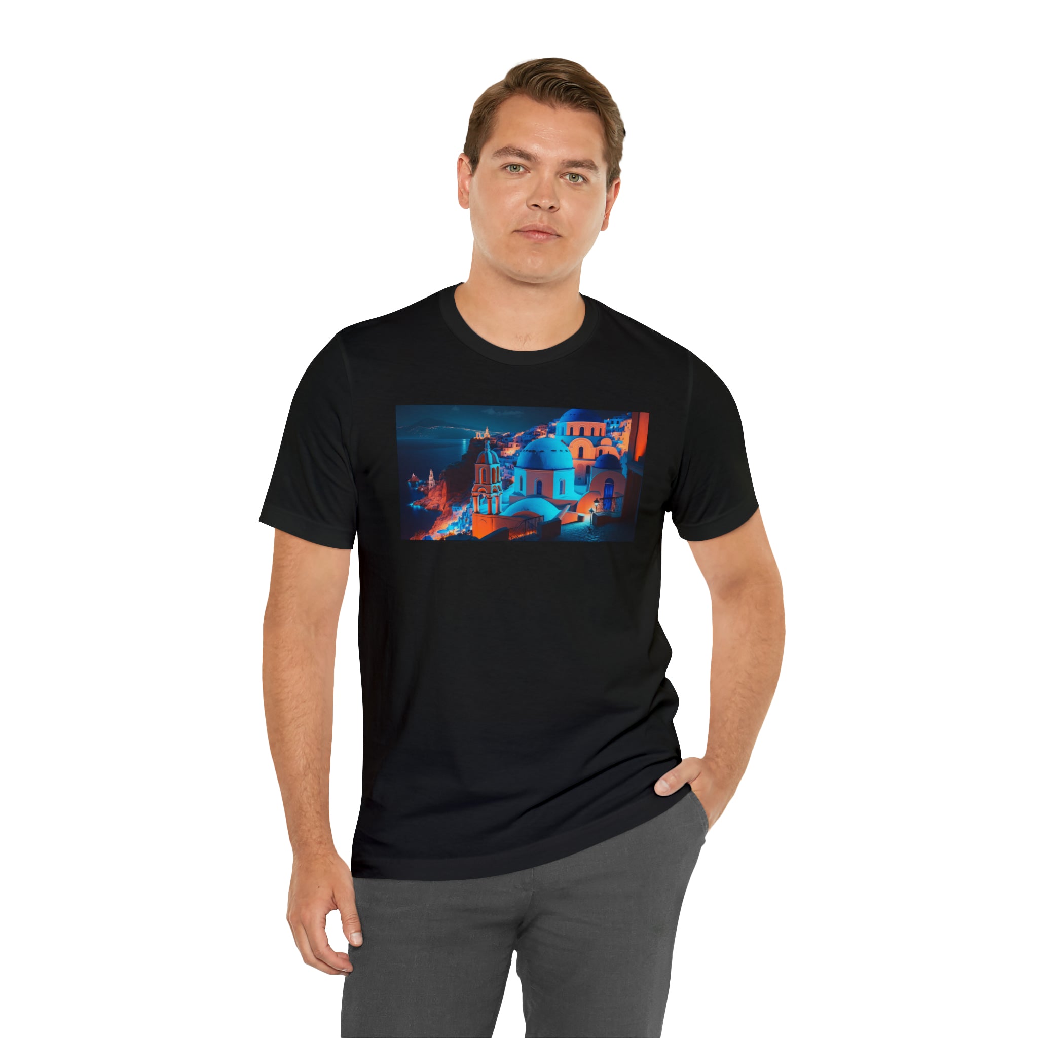 Unisex Jersey Short Sleeve Tee - Oia Blue Domes, Greece