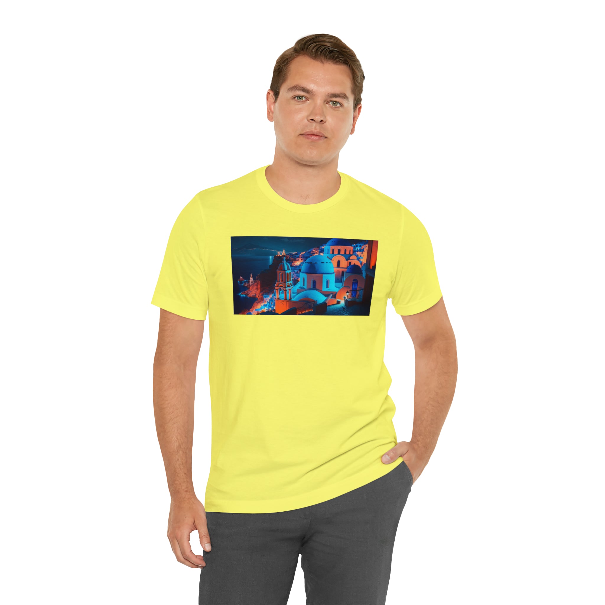Unisex Jersey Short Sleeve Tee - Oia Blue Domes, Greece