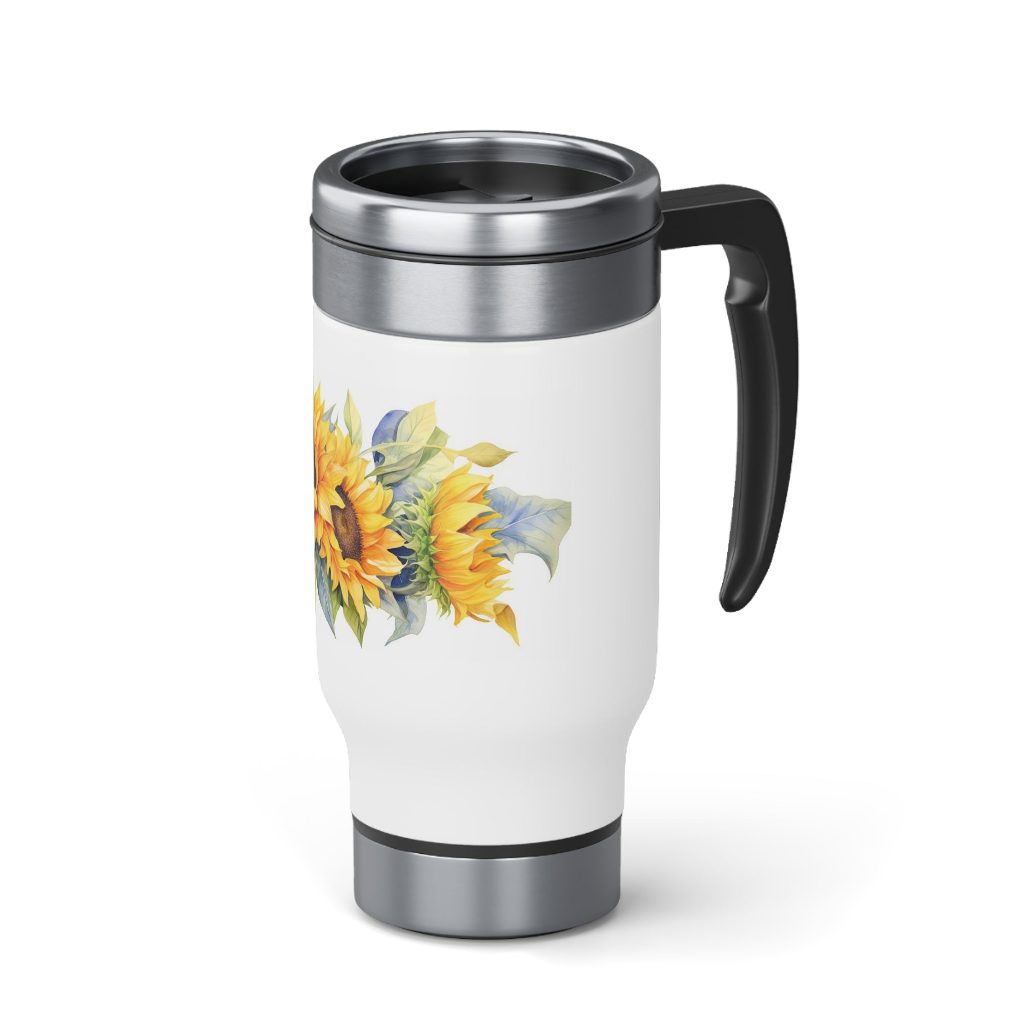 Stainless Steel Travel Mug with Handle, 14oz - Sunflowers, Watercolor