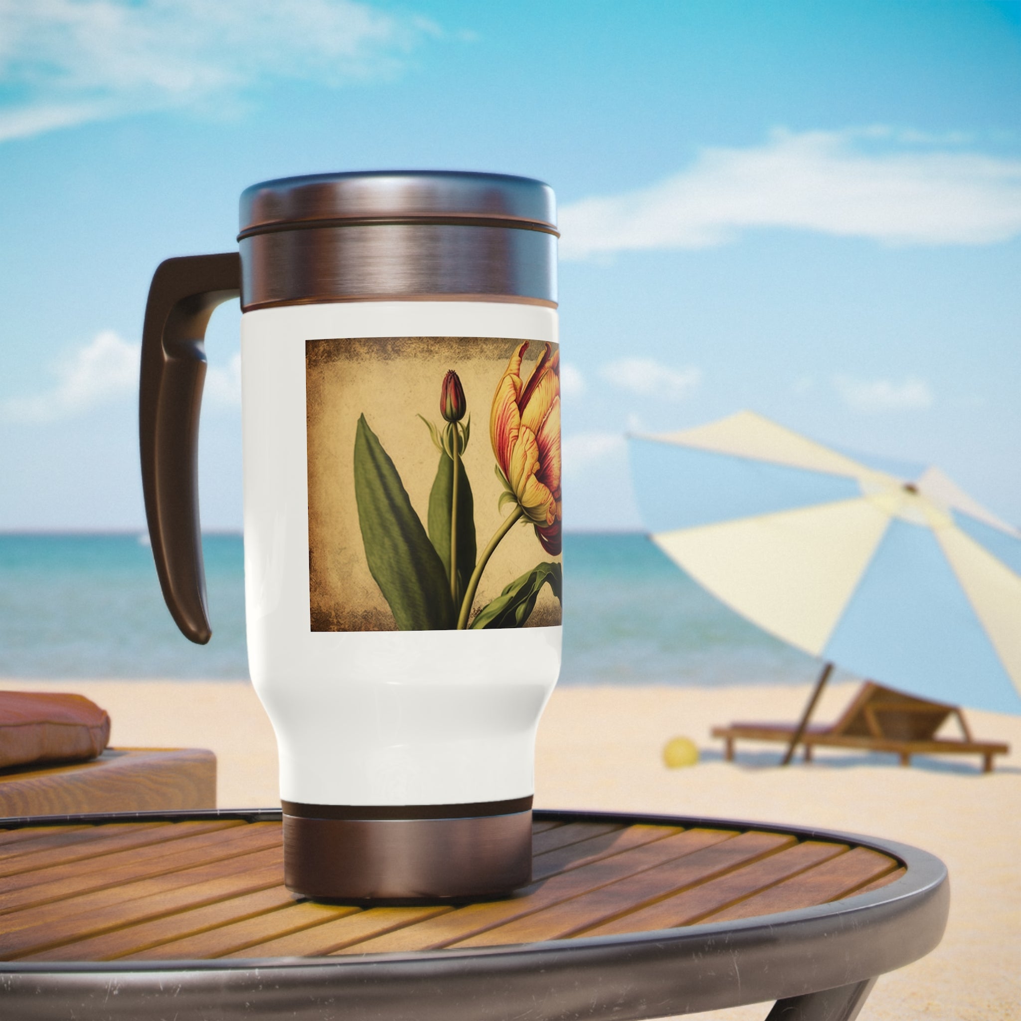 Stainless Steel Travel Mug with Handle, 14oz - Vintage, Tulips
