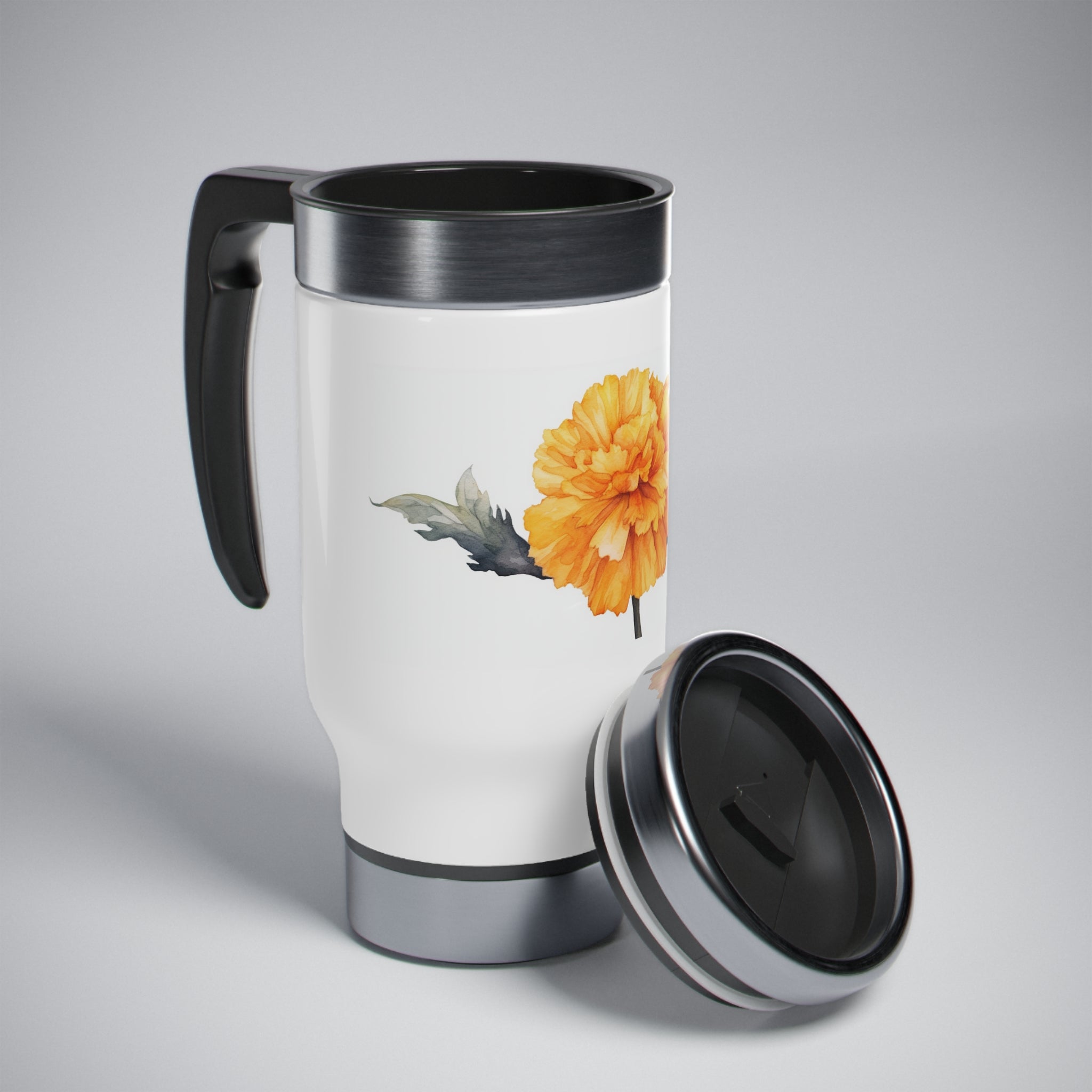Stainless Steel Travel Mug with Handle, 14oz - Marigold, Watercolor