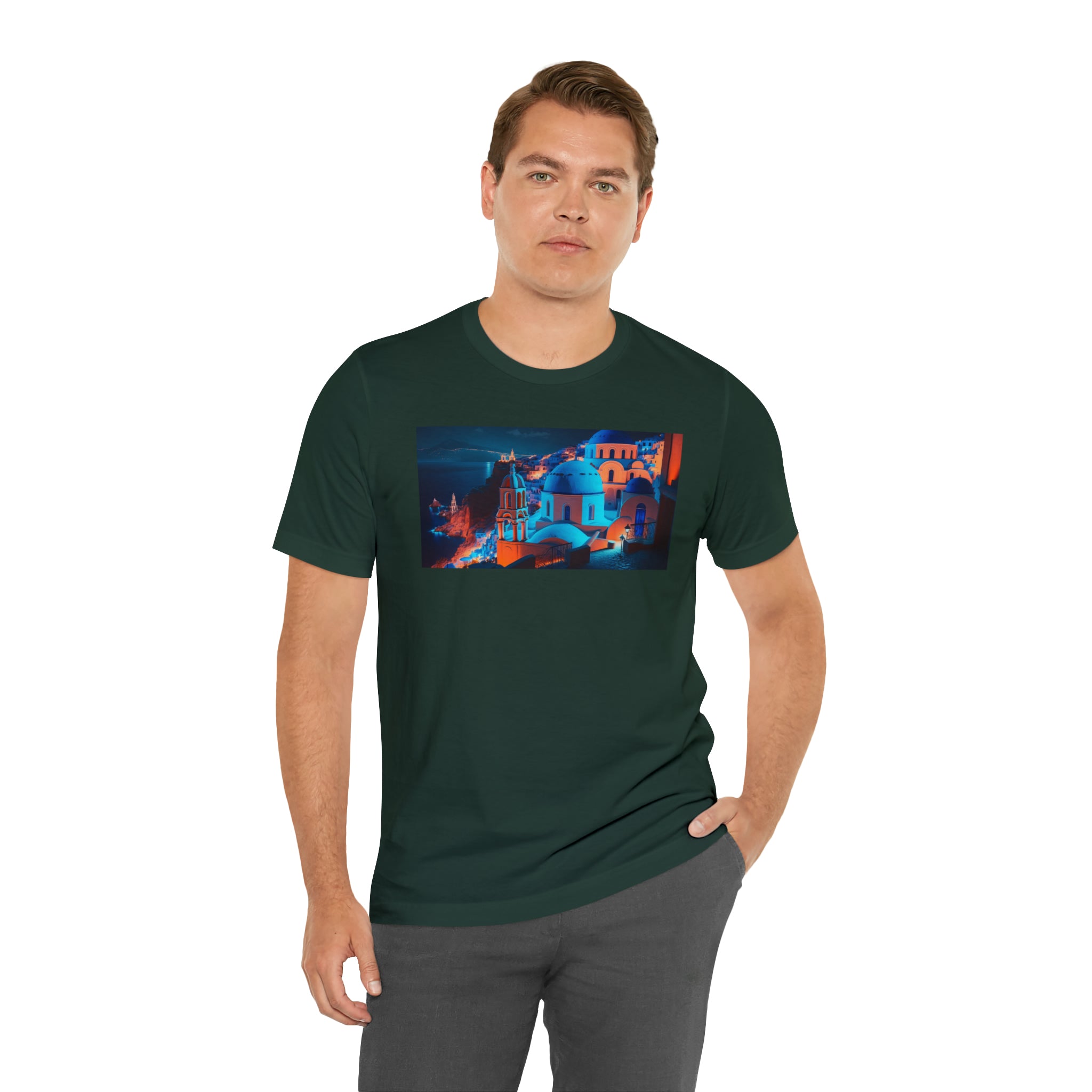 Unisex Jersey Short Sleeve Tee - Oia Blue Domes, Greece