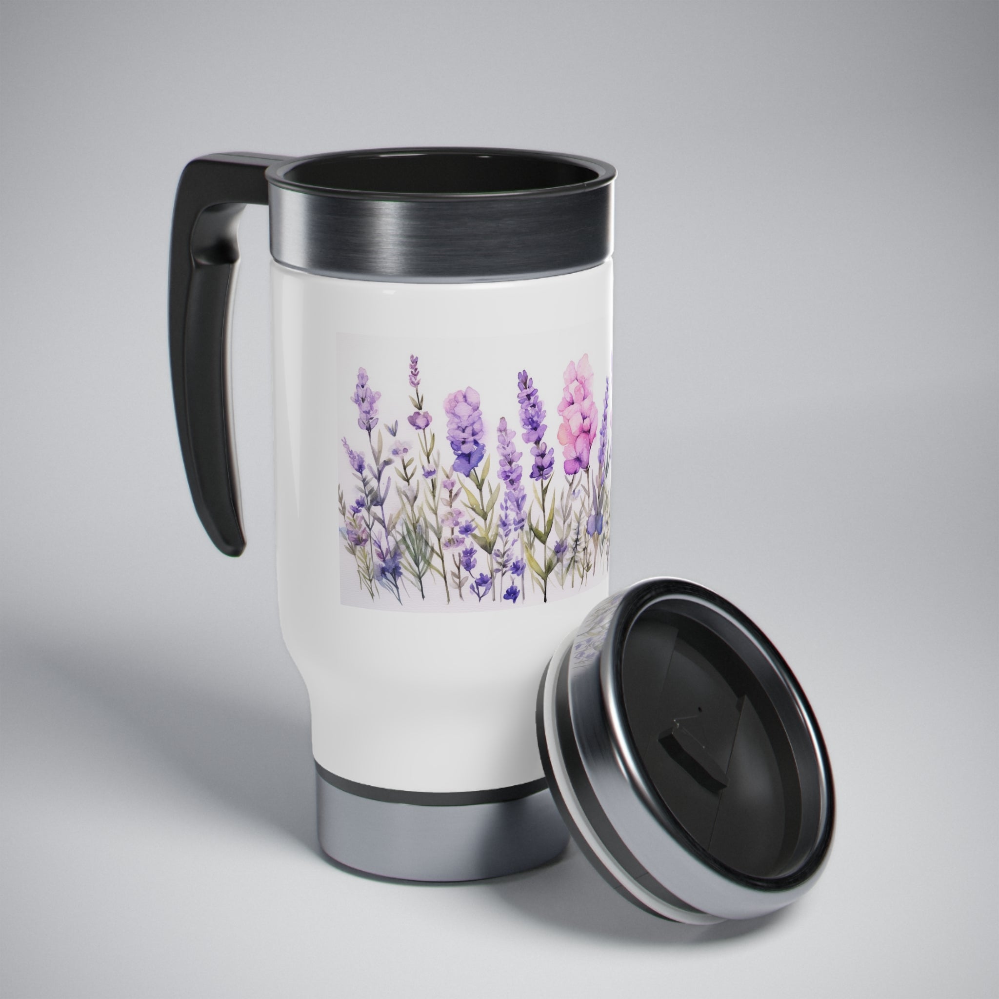 Stainless Steel Travel Mug with Handle, 14oz - Lavender Flowers, Watercolor